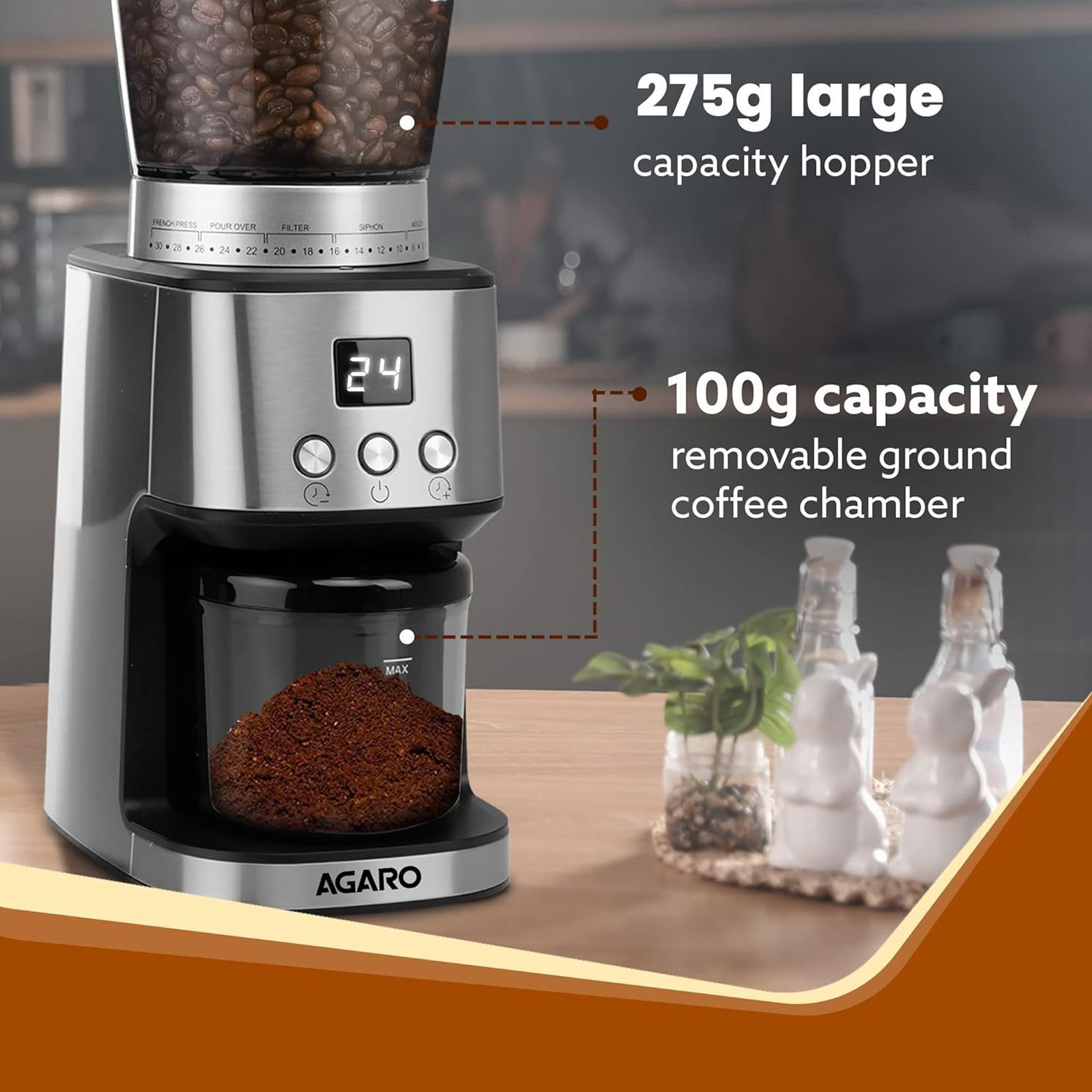 AGARO Supreme 12 Cups Automatic Coffee Grinder (Grinds Coffee Beans, Digital Timer, 33914, Silver) AGARO Supreme 12 Cups Automatic Coffee Grinder (Grinds Coffee Beans, Digital Timer, 33914, Silver)_5