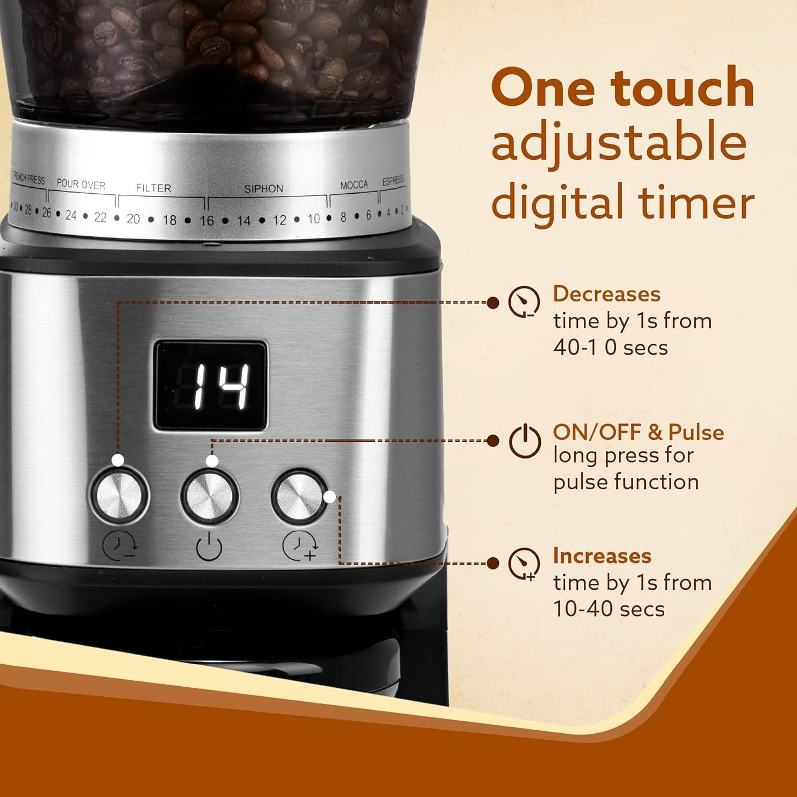 AGARO Supreme 12 Cups Automatic Coffee Grinder (Grinds Coffee Beans, Digital Timer, 33914, Silver) AGARO Supreme 12 Cups Automatic Coffee Grinder (Grinds Coffee Beans, Digital Timer, 33914, Silver)_2