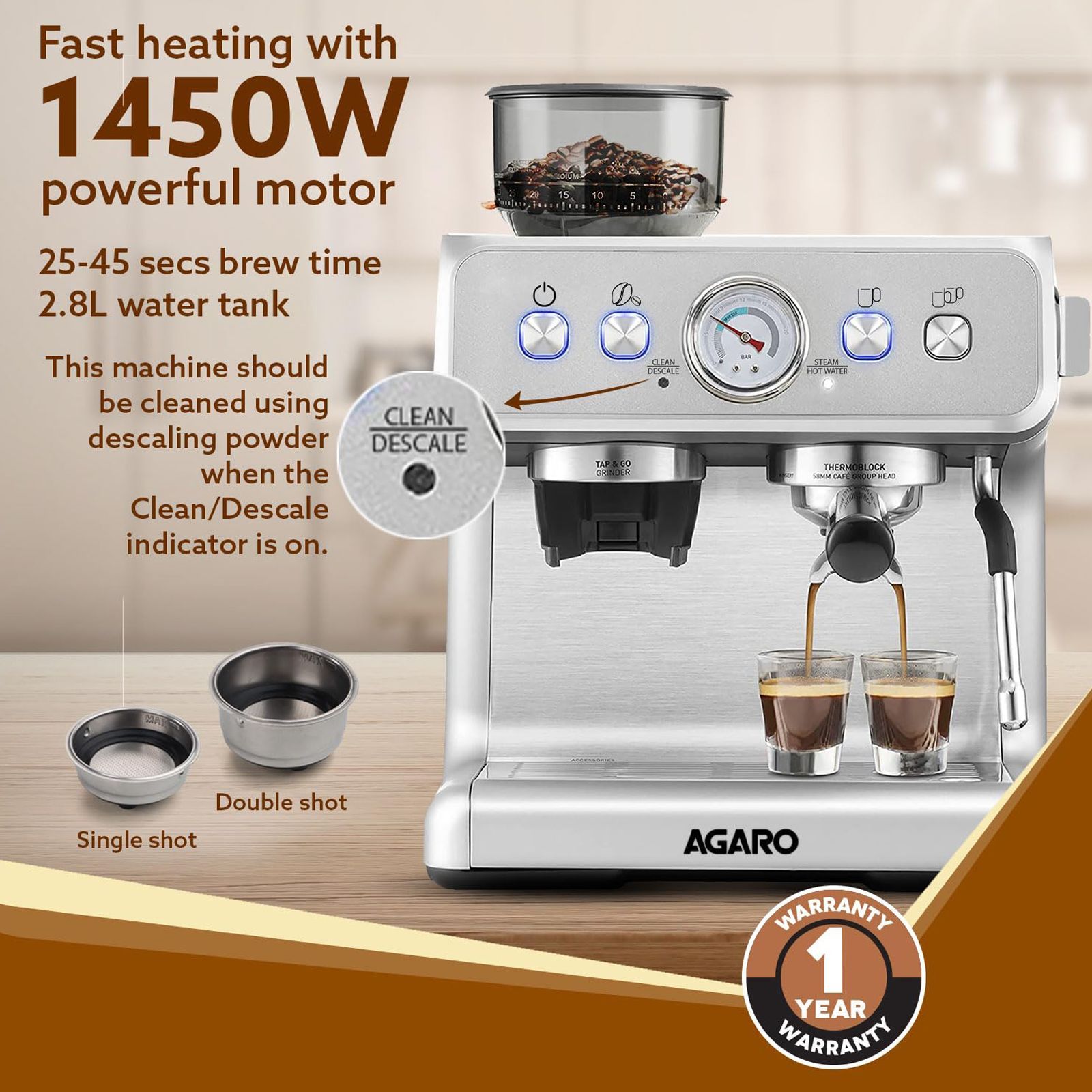 AGARO Supreme 1450 Watt 30 Cups Automatic Espresso Coffee Maker with Intelligent Temperature Control (Silver) AGARO Supreme 1450 Watt 30 Cups Automatic Espresso Coffee Maker with Intelligent Temperature Control (Silver)_3