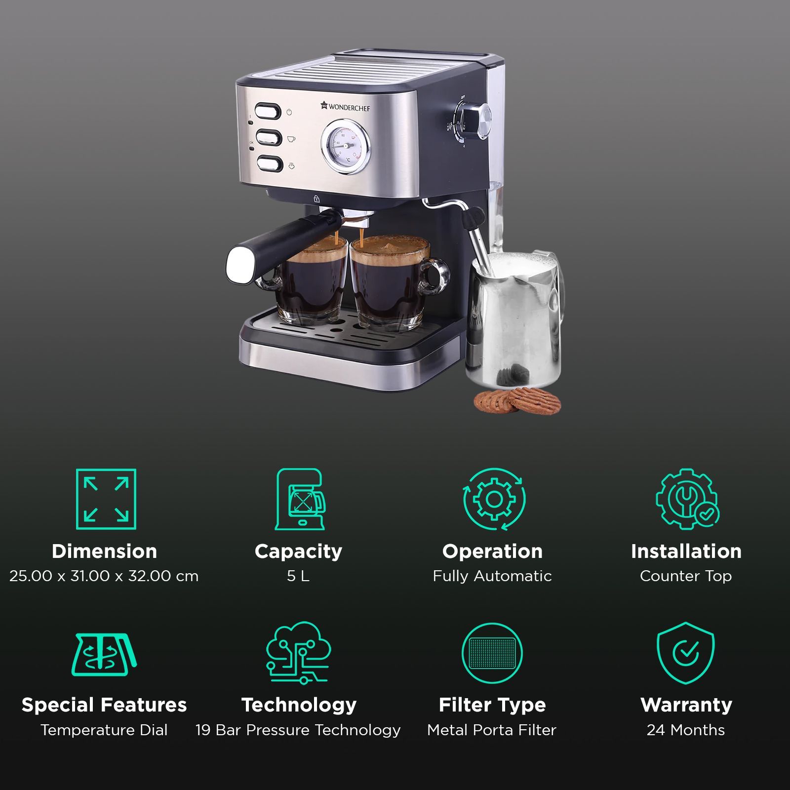 WONDERCHEF Regenta Automatic Espresso & Cappuccino Coffee Maker with Temperature Dial (Black) WONDERCHEF Regenta Automatic Espresso & Cappuccino Coffee Maker with Temperature Dial (Black)_3