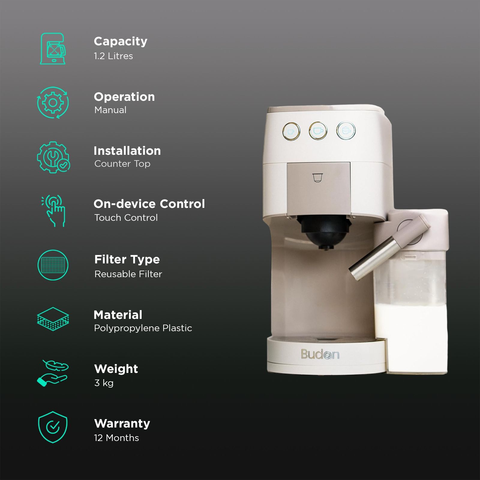 Budan BUDEM097 Manual Espresso, Latte, Americano, Affogato & Cappuccino Coffee Maker with Integrated Milk Container (Grey) Budan BUDEM097 Manual Espresso, Latte, Americano, Affogato & Cappuccino Coffee Maker with Integrated Milk Container (Grey)_3