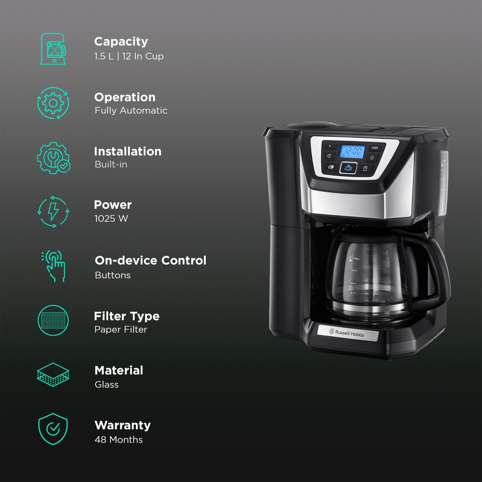 Russell Hobbs Victory 1025 Watt 12 Cups Automatic Grind & Brew Coffee Maker with Digital Grinder (Black)_3