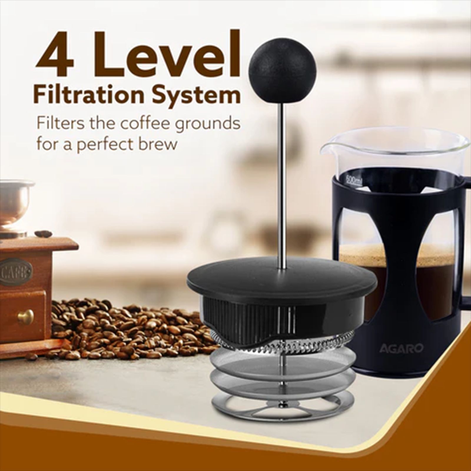 AGARO Elite Manual French Press Coffee & Tea Maker with 4 Level Filtration System (Black)_7