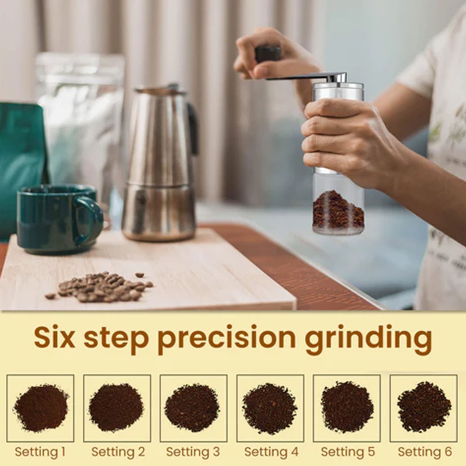 AGARO Elite Manual Espresso & Drip Coffee Grinder with 6 Preset Adjustable Settings (Silver)_5