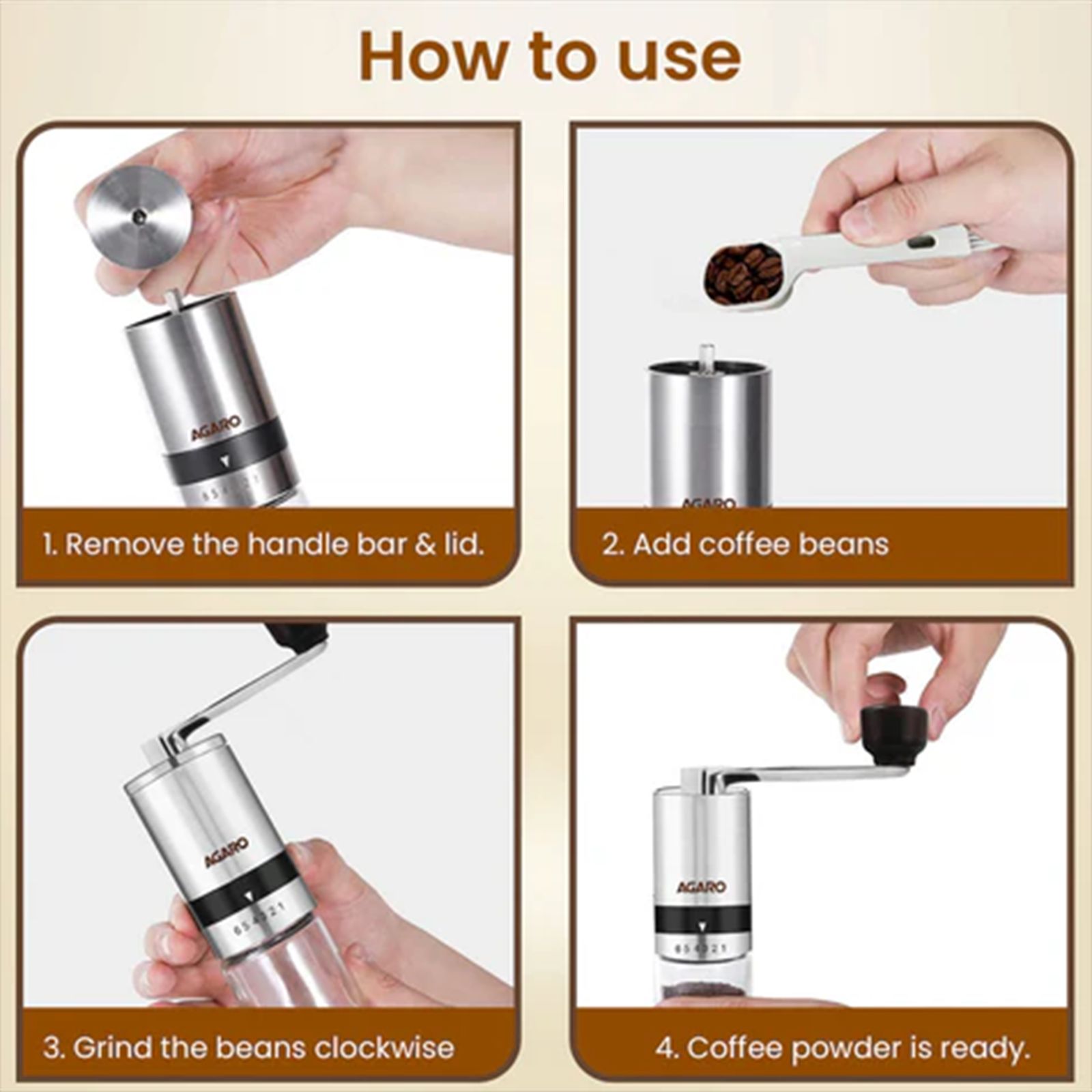 AGARO Elite Manual Espresso & Drip Coffee Grinder with 6 Preset Adjustable Settings (Silver)_6