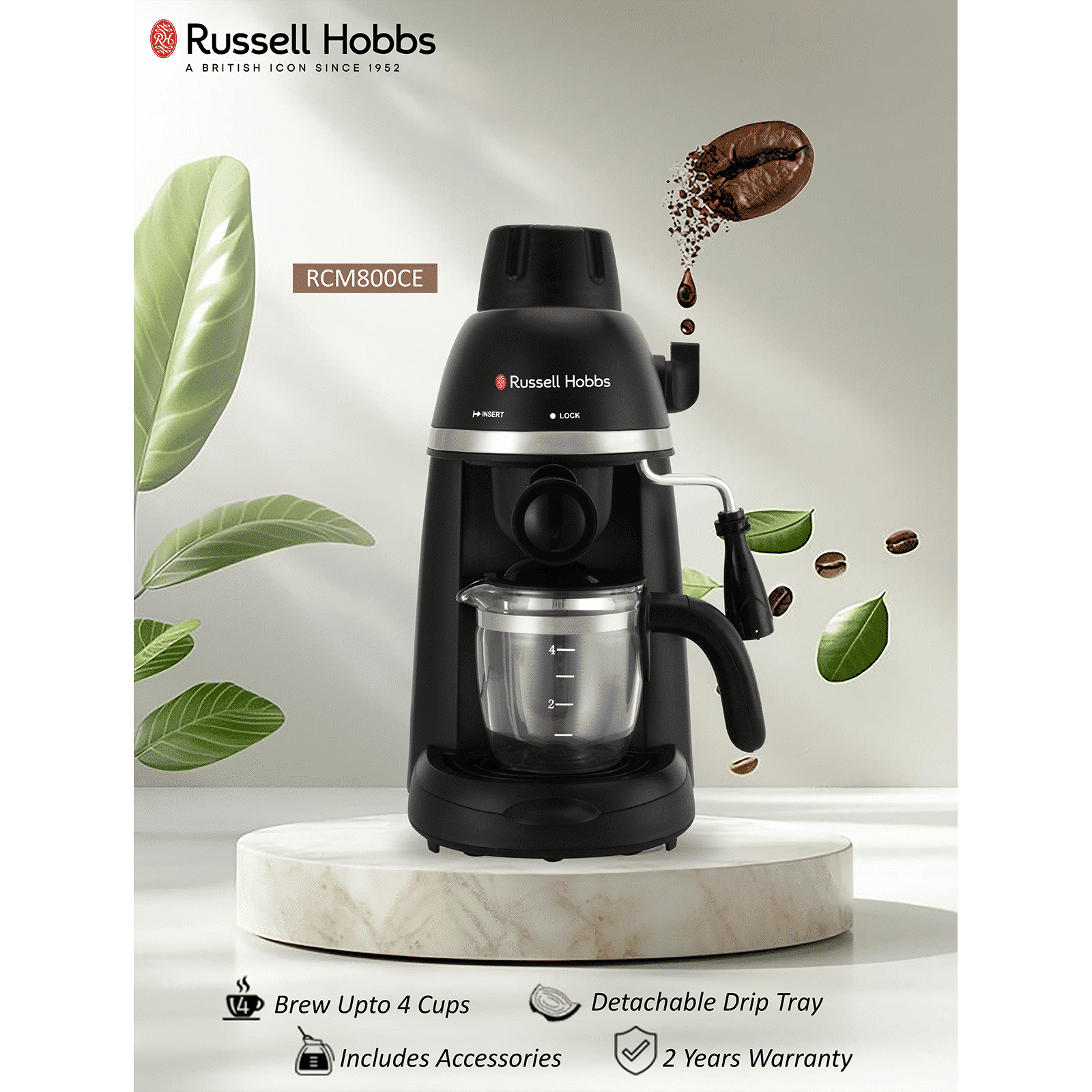 Russell Hobbs RCM800CE 800 Watt 4 Cups Fully Automatic Espresso & Cappuccino Coffee Maker with Integrated Frothing Function (Black)_5