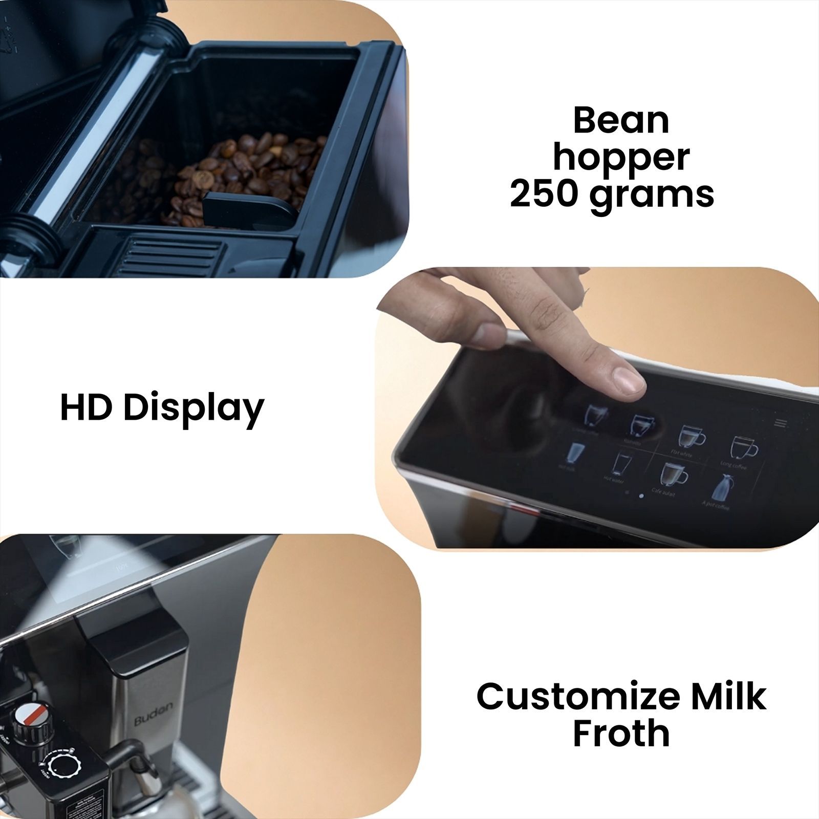 Budan X7 1300 Watt Automatic Espresso, Americano, Latte & Cappuccino Coffee Maker with Warm Cup Function (Black)_7