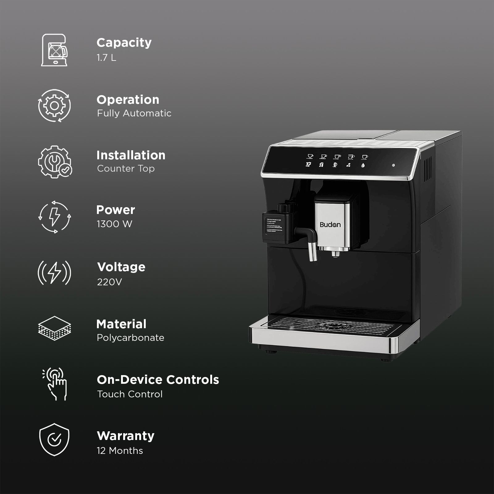 Budan X7 1300 Watt Automatic Espresso, Americano, Latte & Cappuccino Coffee Maker with Warm Cup Function (Black)_3