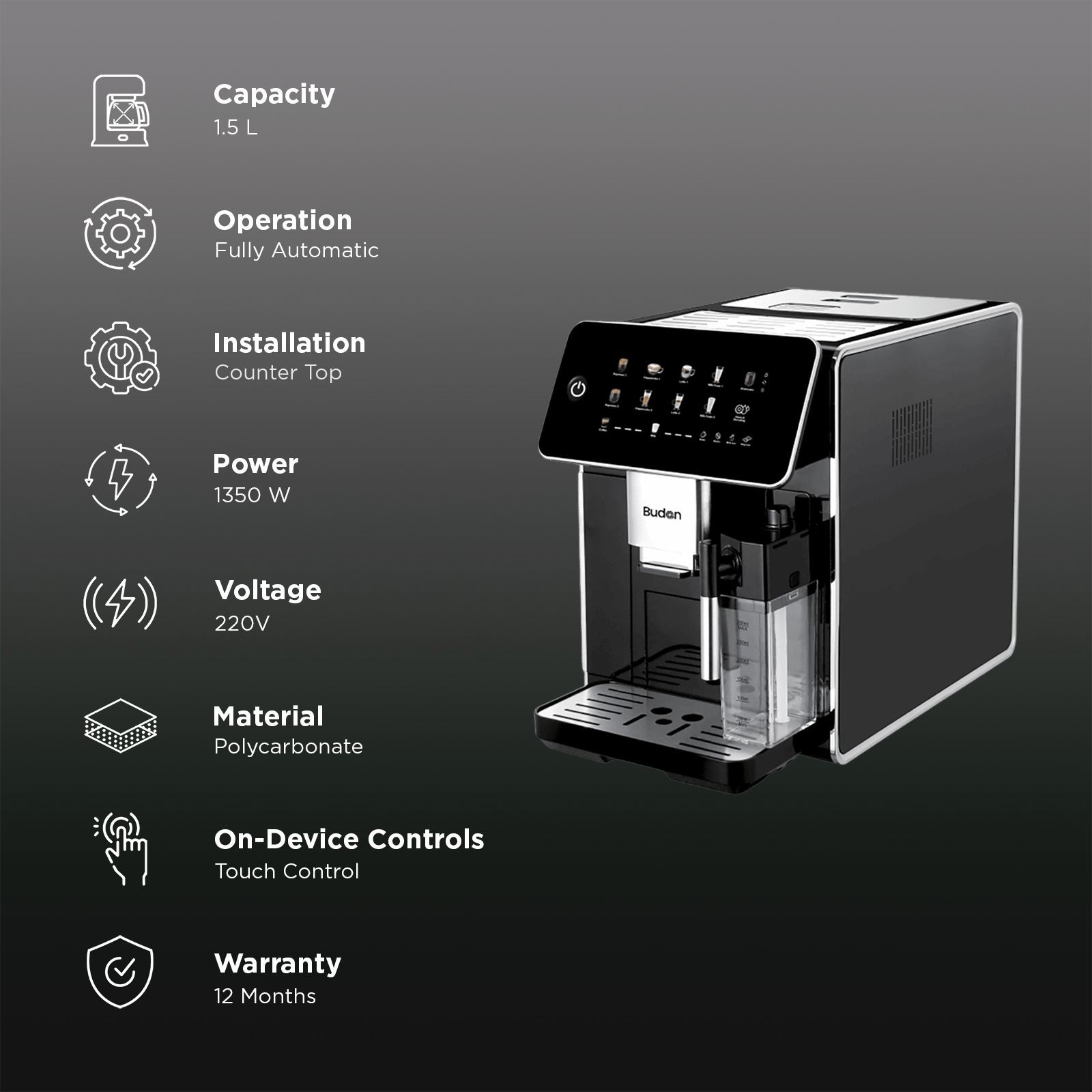 Budan Brew 500 1350 Watt Automatic Espresso, Americano, Latte & Cappuccino Coffee Maker with Dual Cup Function (Black)_2