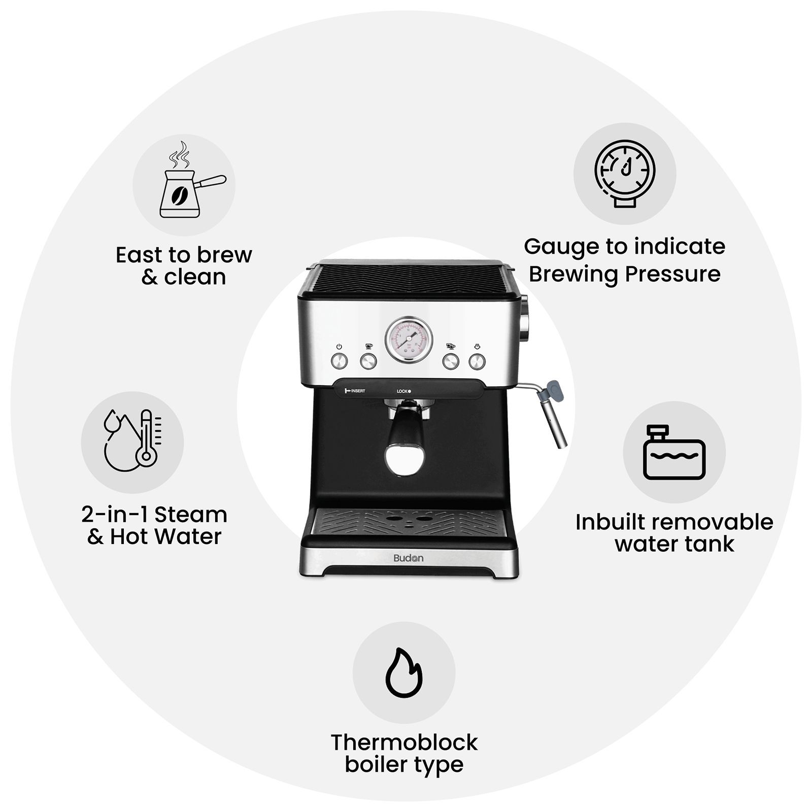 Budan BUD-Classic Semi-Automatic Coffee Maker with Pressure Gauge Indicator (Silver & Black)_7
