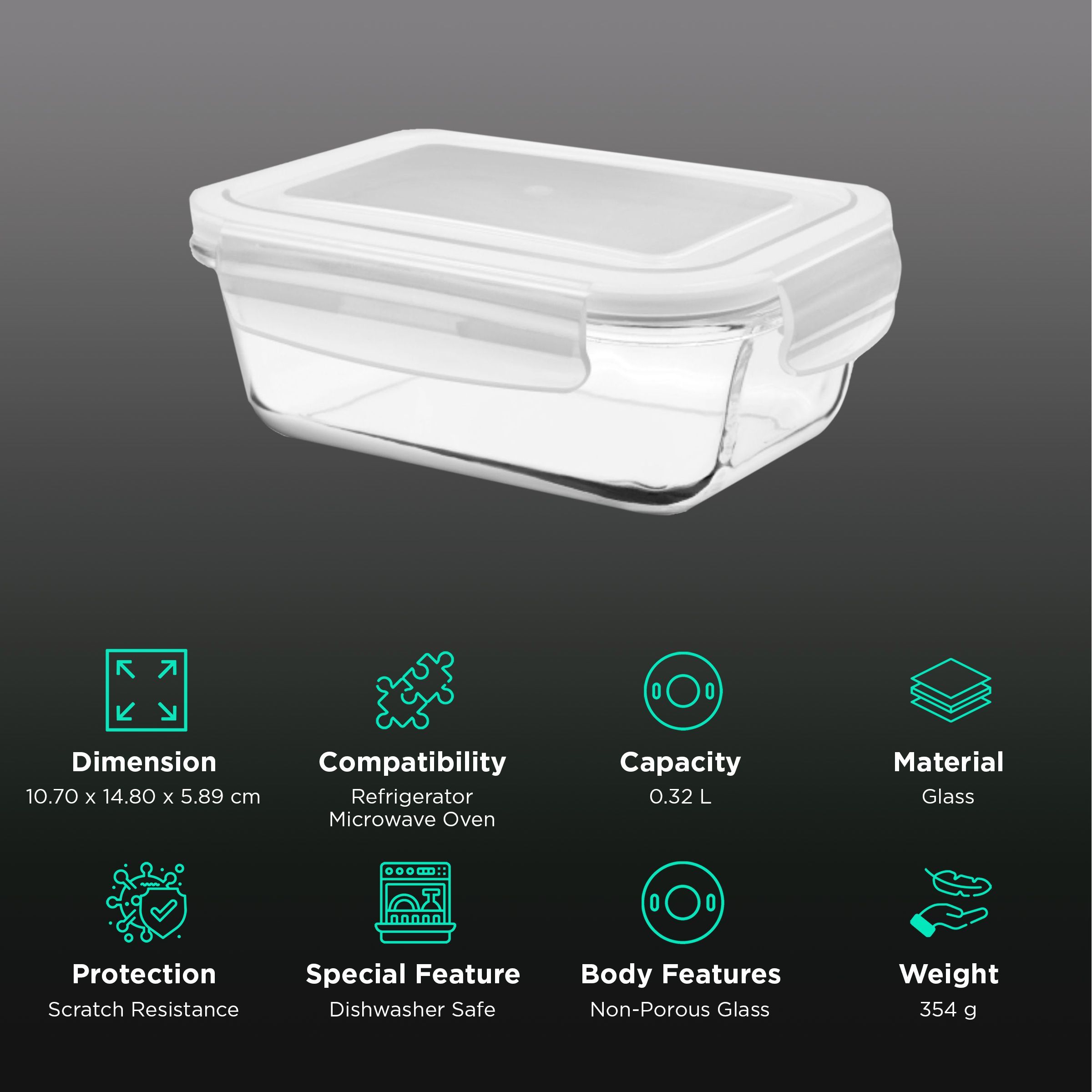 treo 320ml Glass Rectangle Storage Container with Lid (BPA Free, Transparent)_2