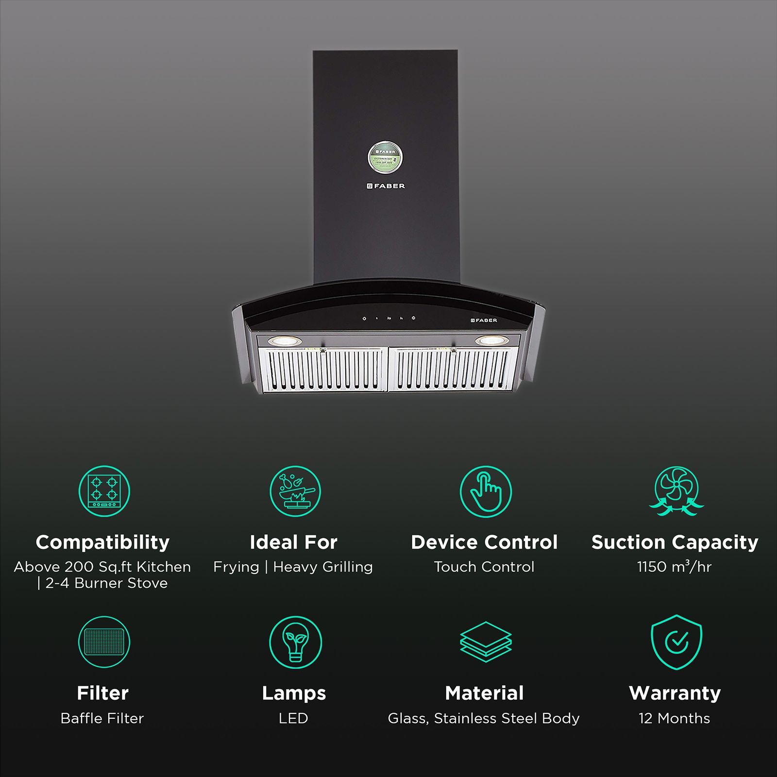 FABER FEEL PLUS 3D T2S2 BK TC LTW 60cm 1150m3/hr Ducted Wall Mounted Chimney with Touch Control Panel (Black)_3