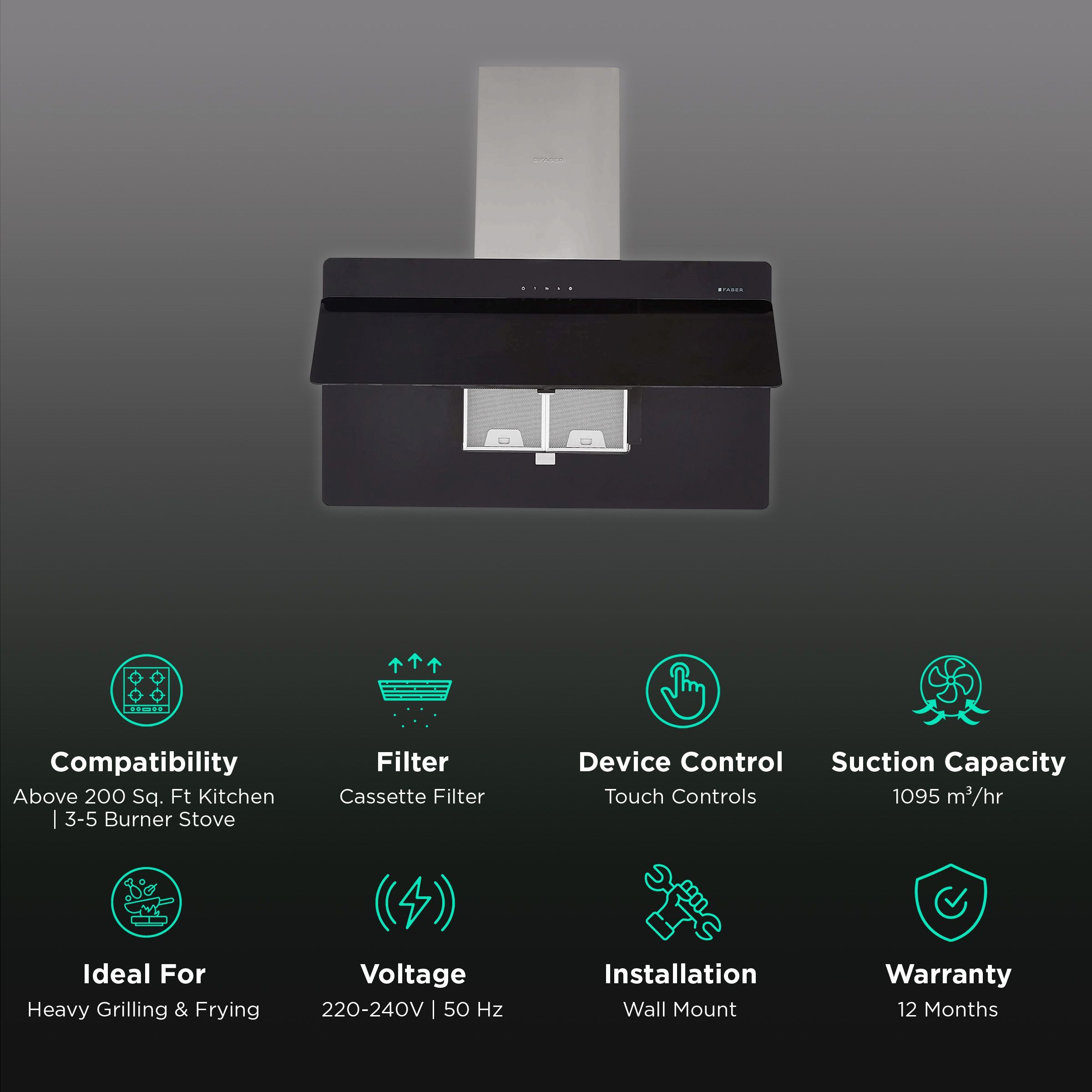 FABER COCKTAIL 3D T2S2 BK TC LTW 90cm 1095m3/hr Ducted Wall Mounted Chimney with Touch Control Panel (Black)_3