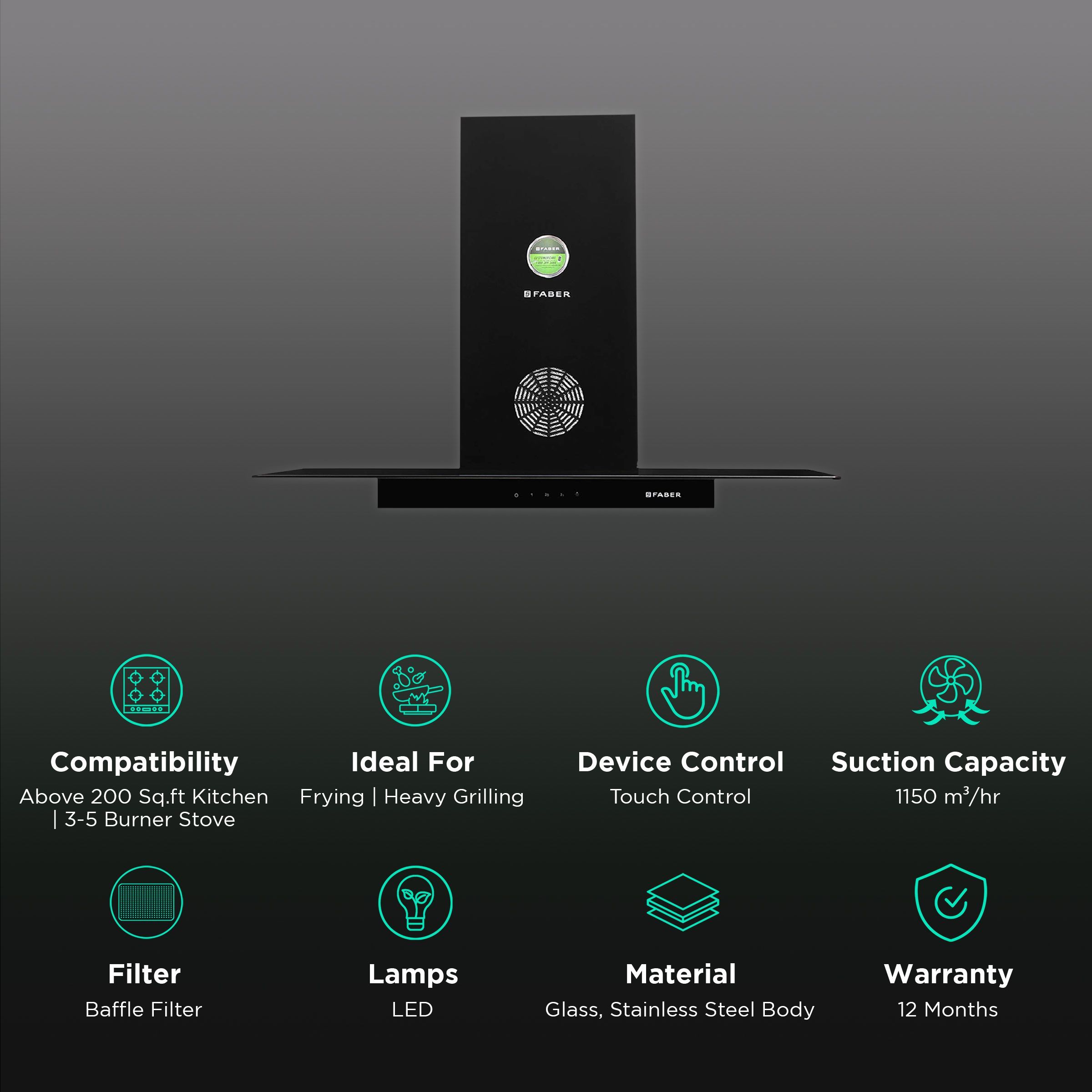 FABER SUPER 3D PLUS T2S2 BK TC LTW 90cm 1150m3/hr Ductless Wall Mounted Chimney with Touch Control Panel (Black)_3