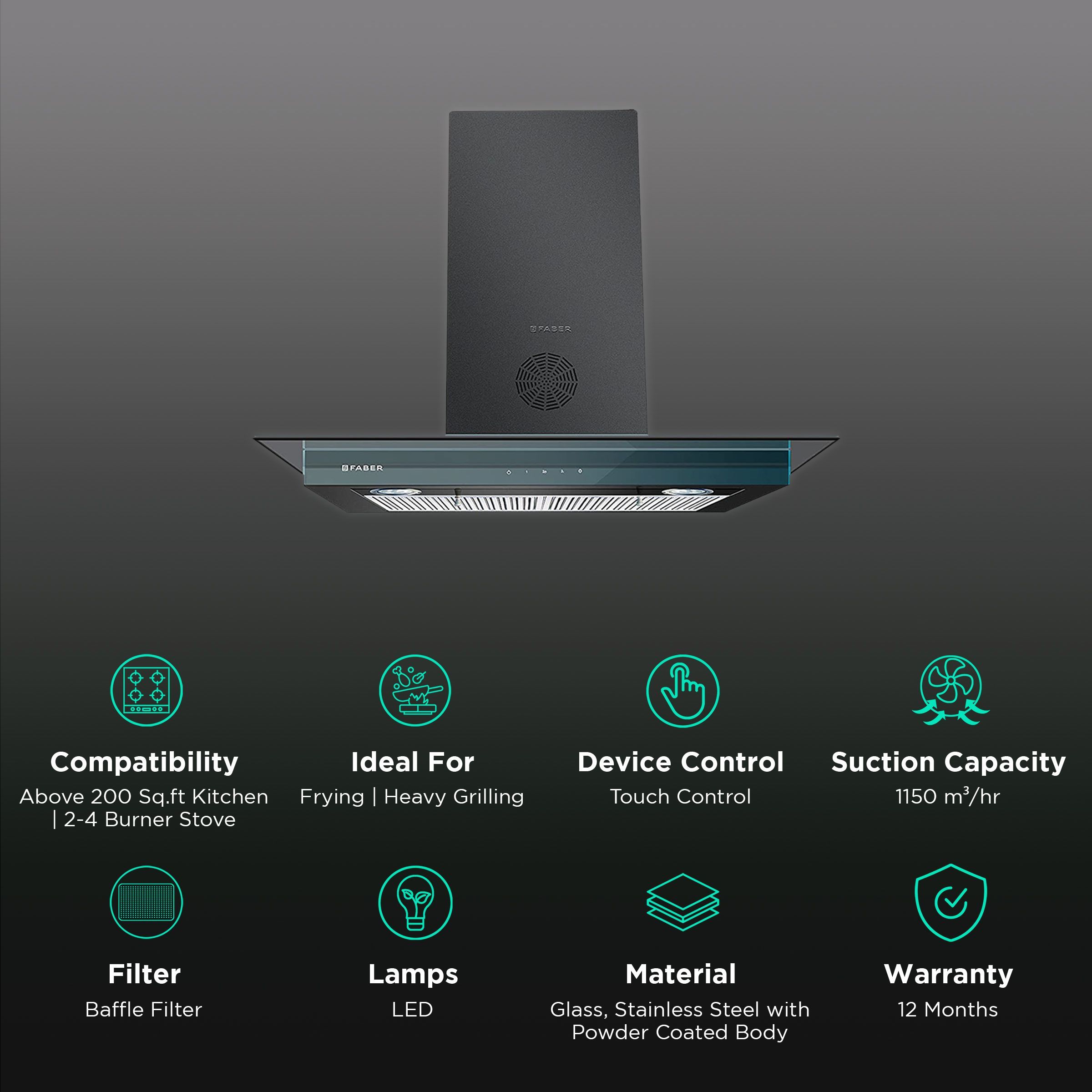 FABER SUPER 3D PLUS T2S2 BK TC LTW 60cm 1150m3/hr Ductless Wall Mounted Chimney with Touch Control Panel (Black)_3