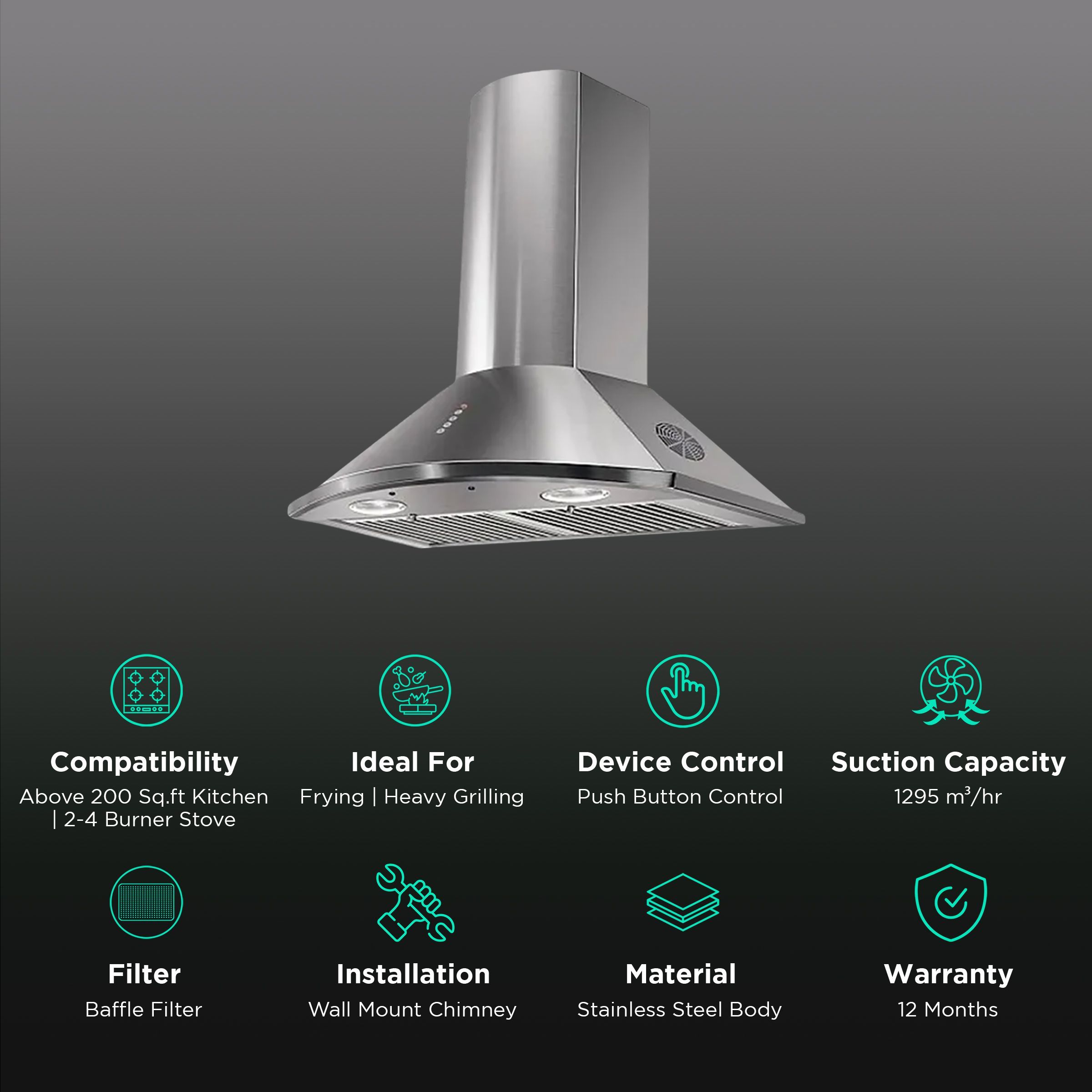 FABER TENDER 3D T2S2 MAX LTW 60cm 1295m3/hr Ductless Wall Mounted Chimney with Push Buttons Control (Silver)_3