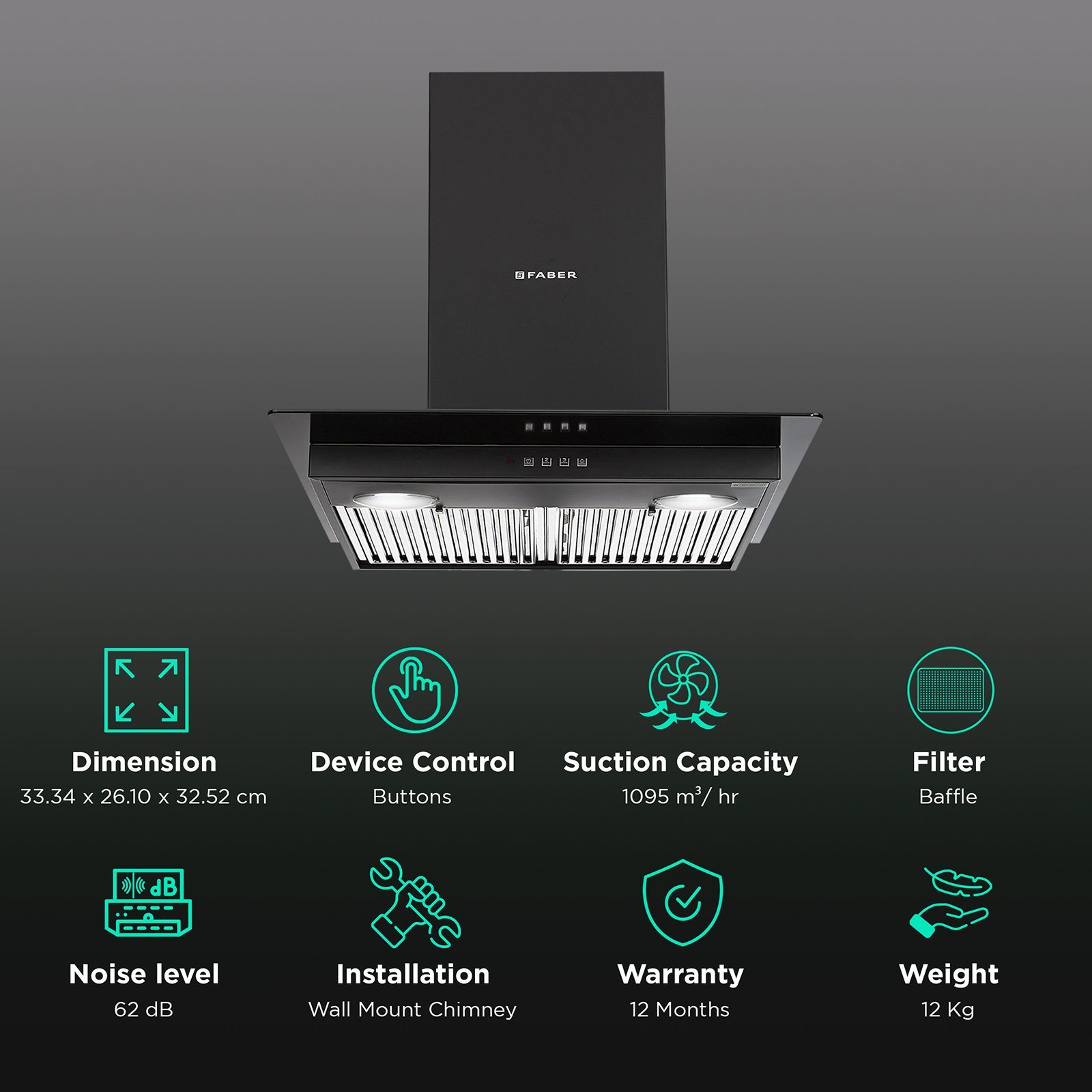 FABER Glassy 3D 60cm 1095m3/hr Ducted Wall Mounted Chimney with Baffle Filter (Black)_3