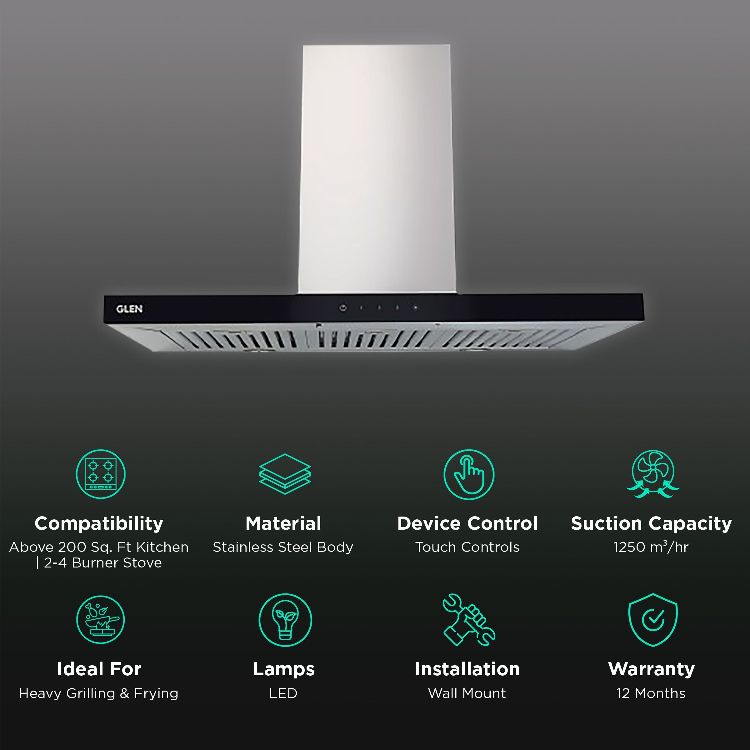 GLEN GL 6056 TS BF LTW 60cm 1250m3/hr Ducted Wall Mounted Chimney with Touch Control Sensor (Silver/Black)_3