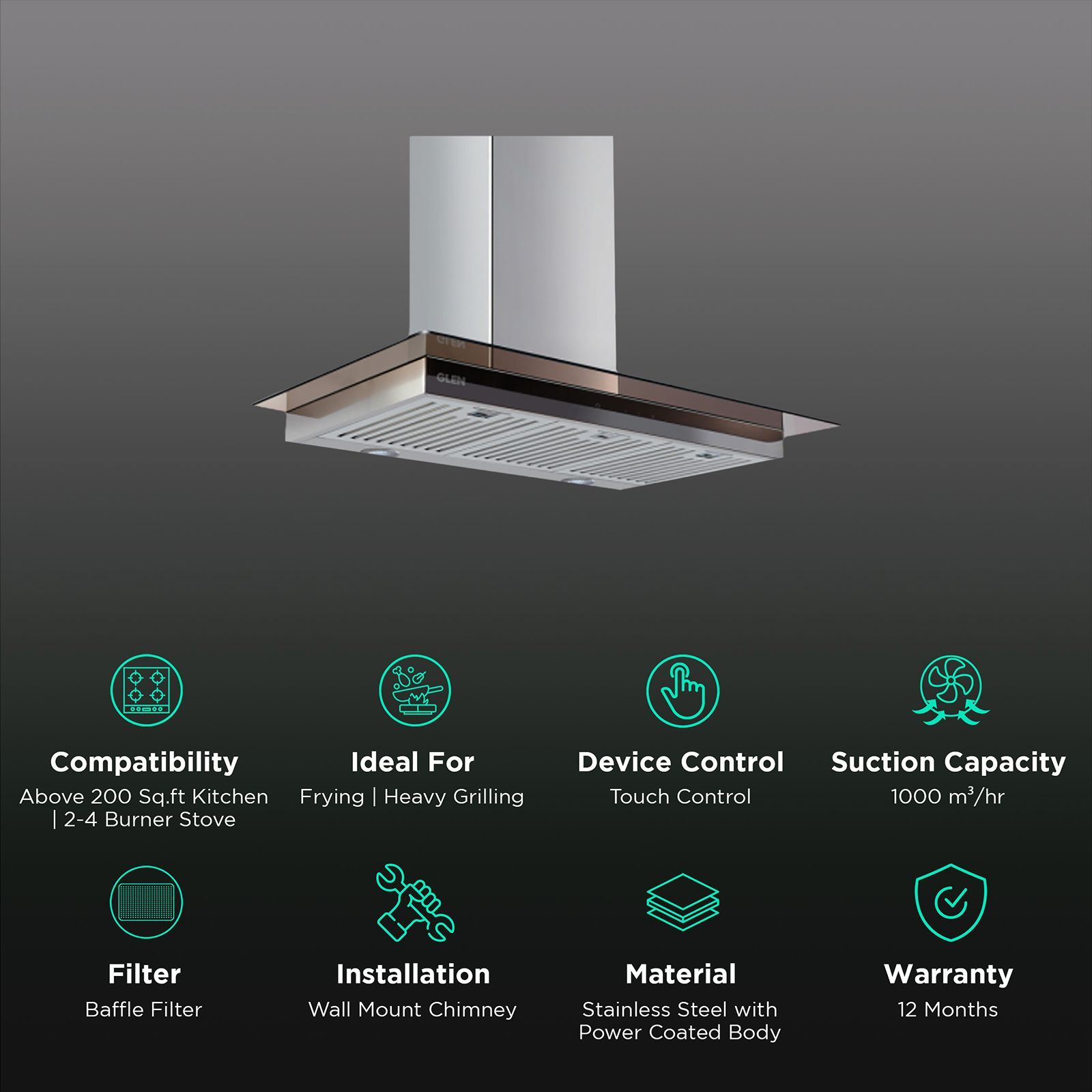 GLEN 6062 SX TS 60cm 1000m3/hr Ducted Wall Mounted Chimney with Touch Sensor Control (Silver) GLEN 6062 SX TS 60cm 1000m3/hr Ducted Wall Mounted Chimney with Touch Sensor Control (Silver)_3