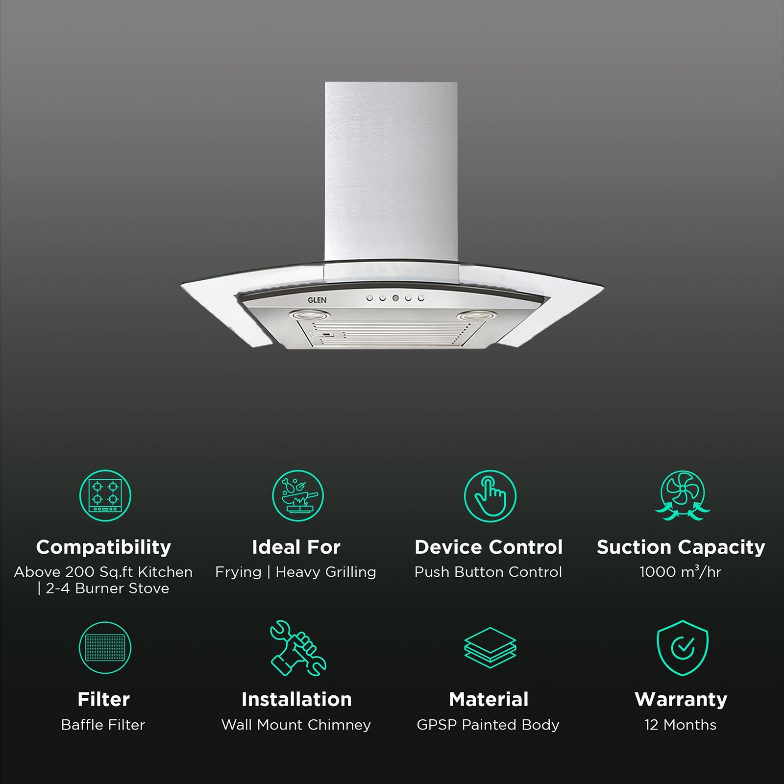 GLEN 6071 EX 60cm 1000m3/hr Ducted Wall Mounted Chimney with Push Button Control (Silver)_3