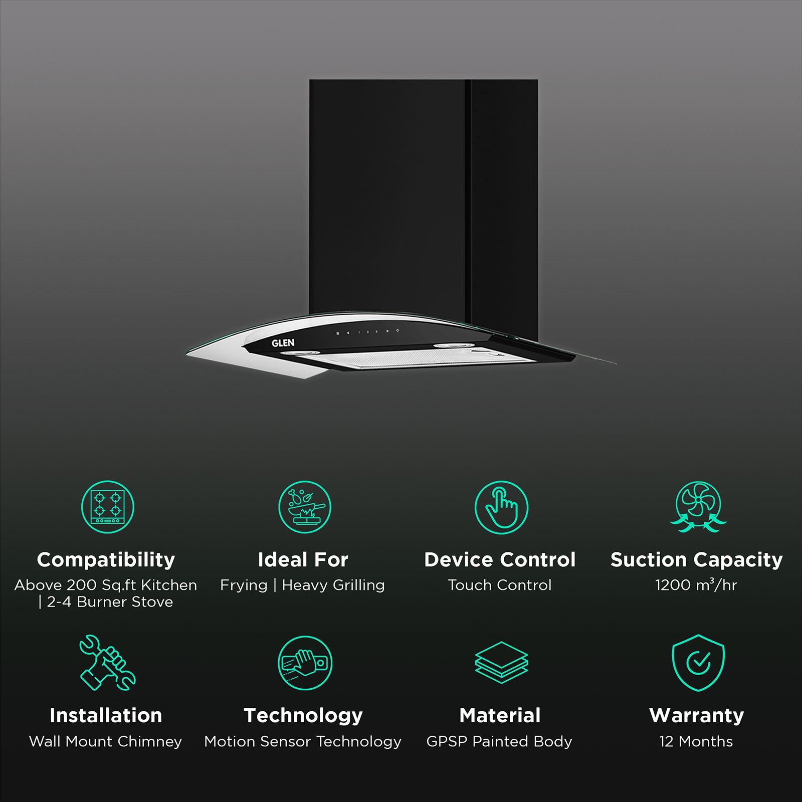 GLEN GL 6063 BL 60cm 1200m3/hr Ducted Auto Clean Wall Mounted Chimney with Touch Control Panel (Black)_3