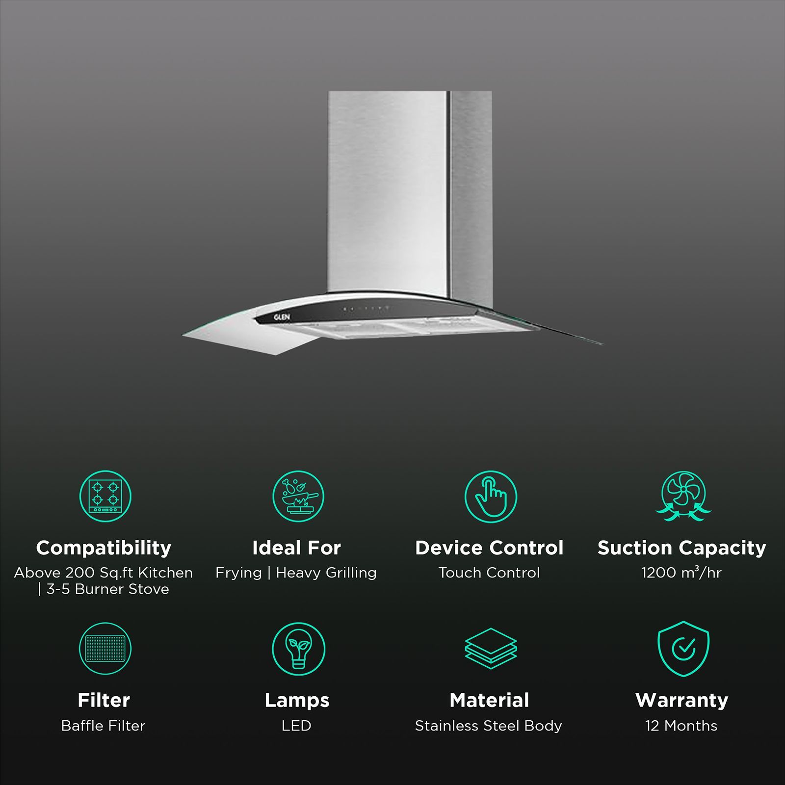 GLEN GL 6063 SS 90cm 1200m3/hr Ducted Auto Clean Ceiling Mounted Chimney with Touch Control Panel (Silver)_3
