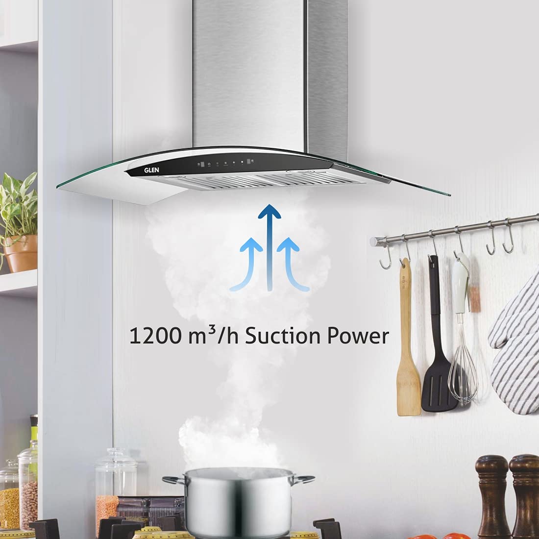 GLEN GL 6063 SS 90cm 1200m3/hr Ducted Auto Clean Ceiling Mounted Chimney with Touch Control Panel (Silver)_7