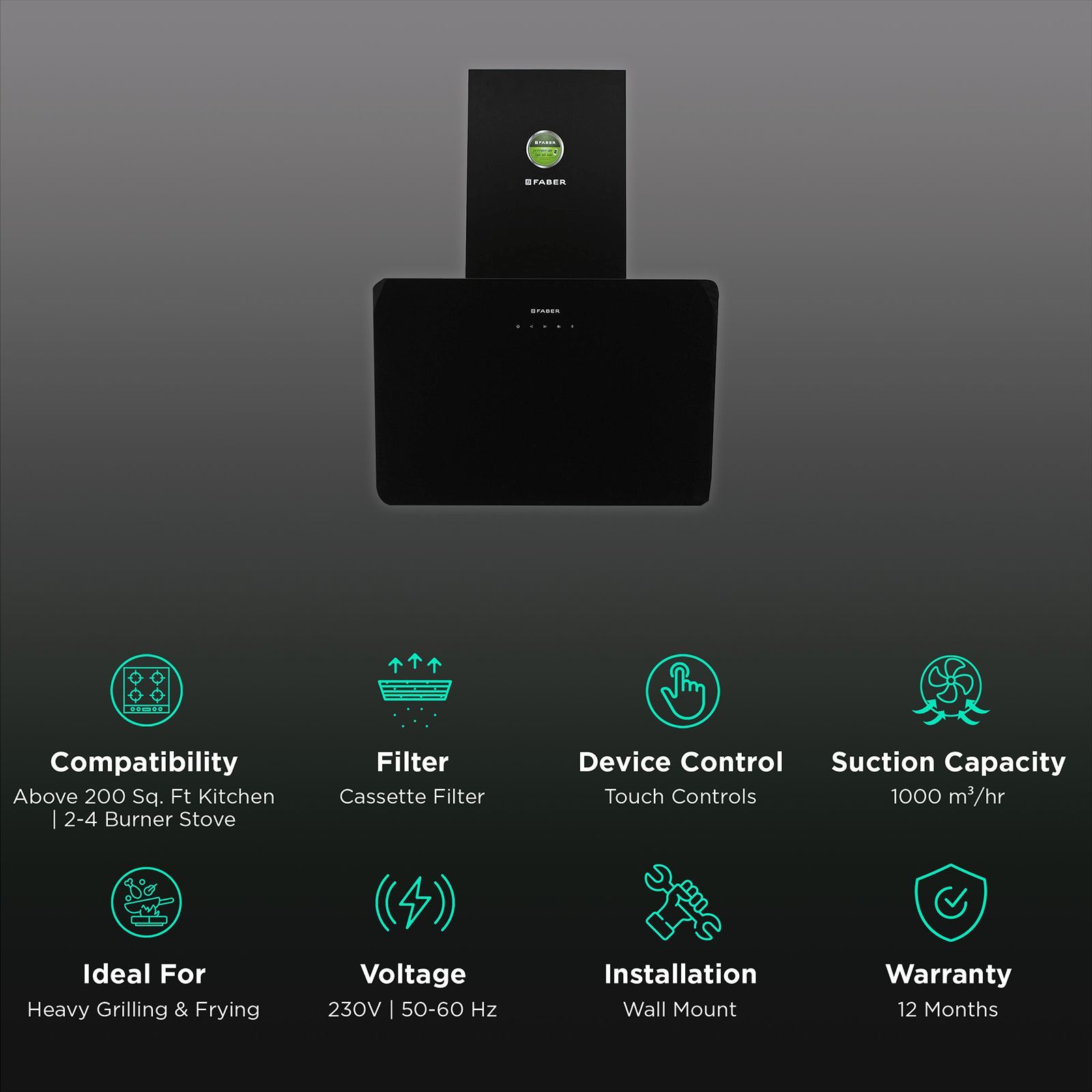 FABER MARTINI TC BK LTW 60cm 1000m3/hr Ducted Wall Mounted Chimney with Touch Control Panel (Black) FABER MARTINI TC BK LTW 60cm 1000m3/hr Ducted Wall Mounted Chimney with Touch Control Panel (Black)_3