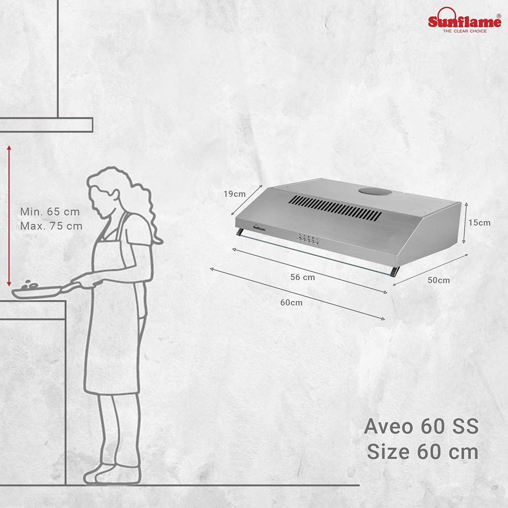Sunflame Aveo Dx 60cm 700m3/hr Ducted Wall Mounted Chimney with Push Button Control (Silver)_6