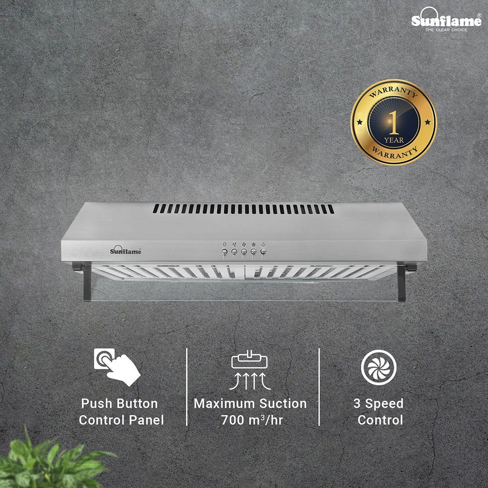 Sunflame Aveo Dx 60cm 700m3/hr Ducted Wall Mounted Chimney with Push Button Control (Silver)_7