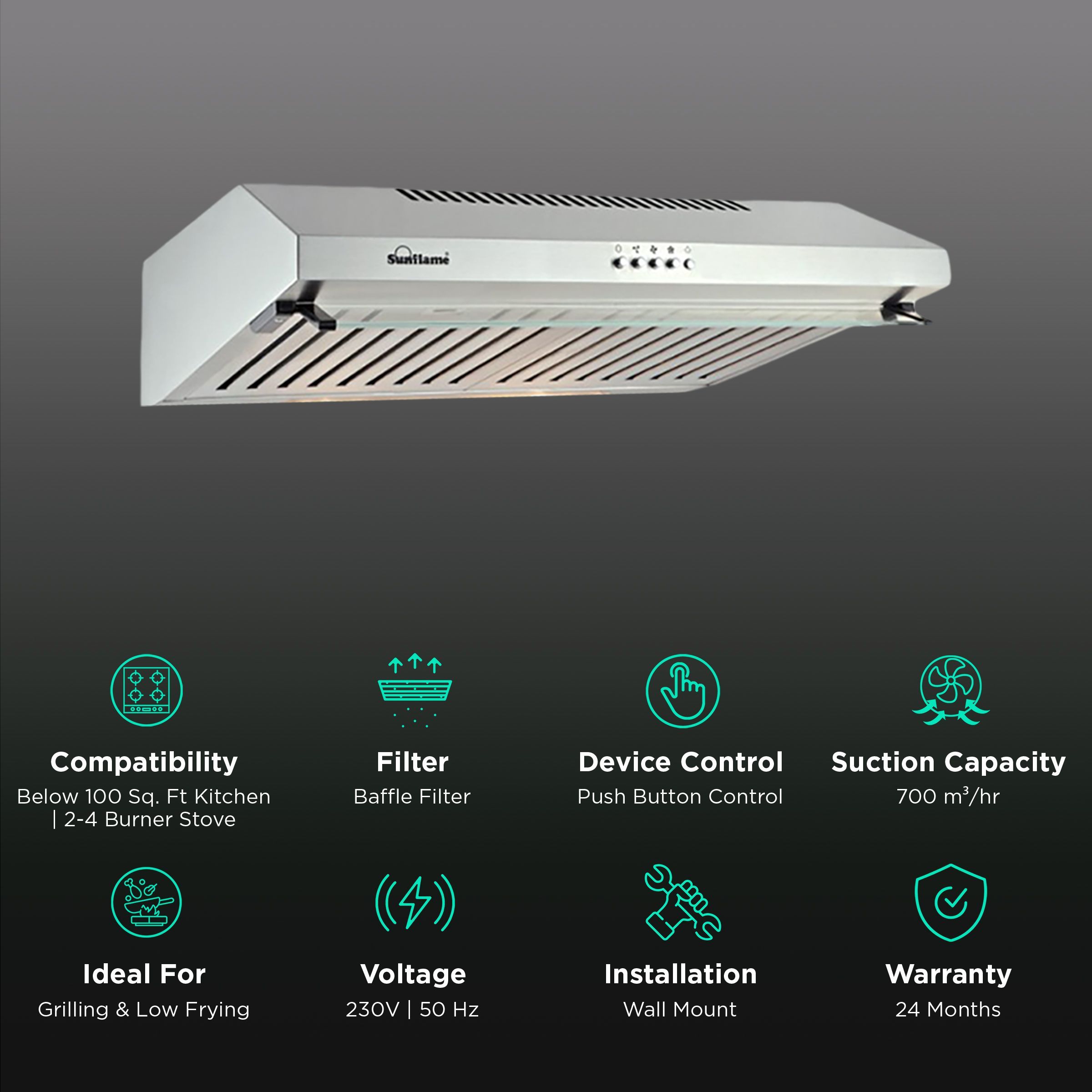 Sunflame Aveo Dx 60cm 700m3/hr Ducted Wall Mounted Chimney with Push Button Control (Silver)_3