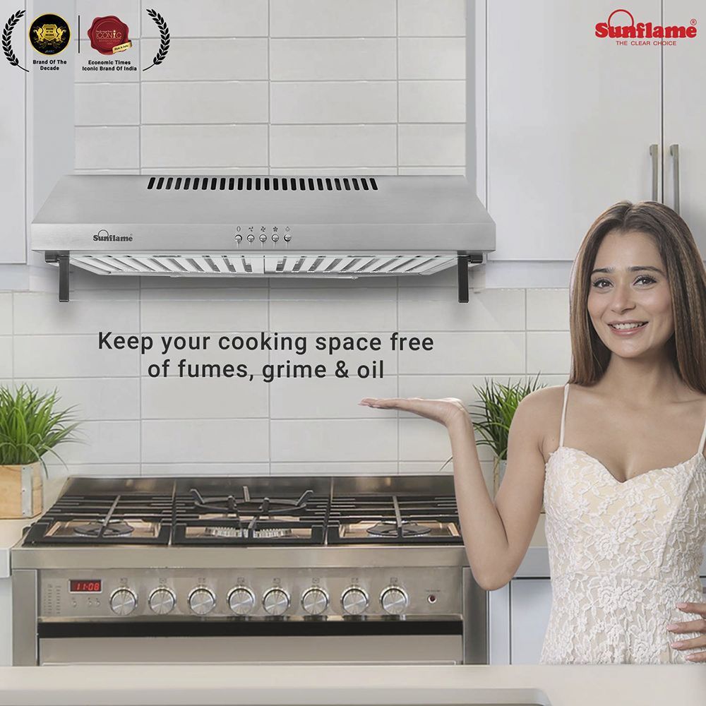 Sunflame Aveo Dx 60cm 700m3/hr Ducted Wall Mounted Chimney with Push Button Control (Silver)_4