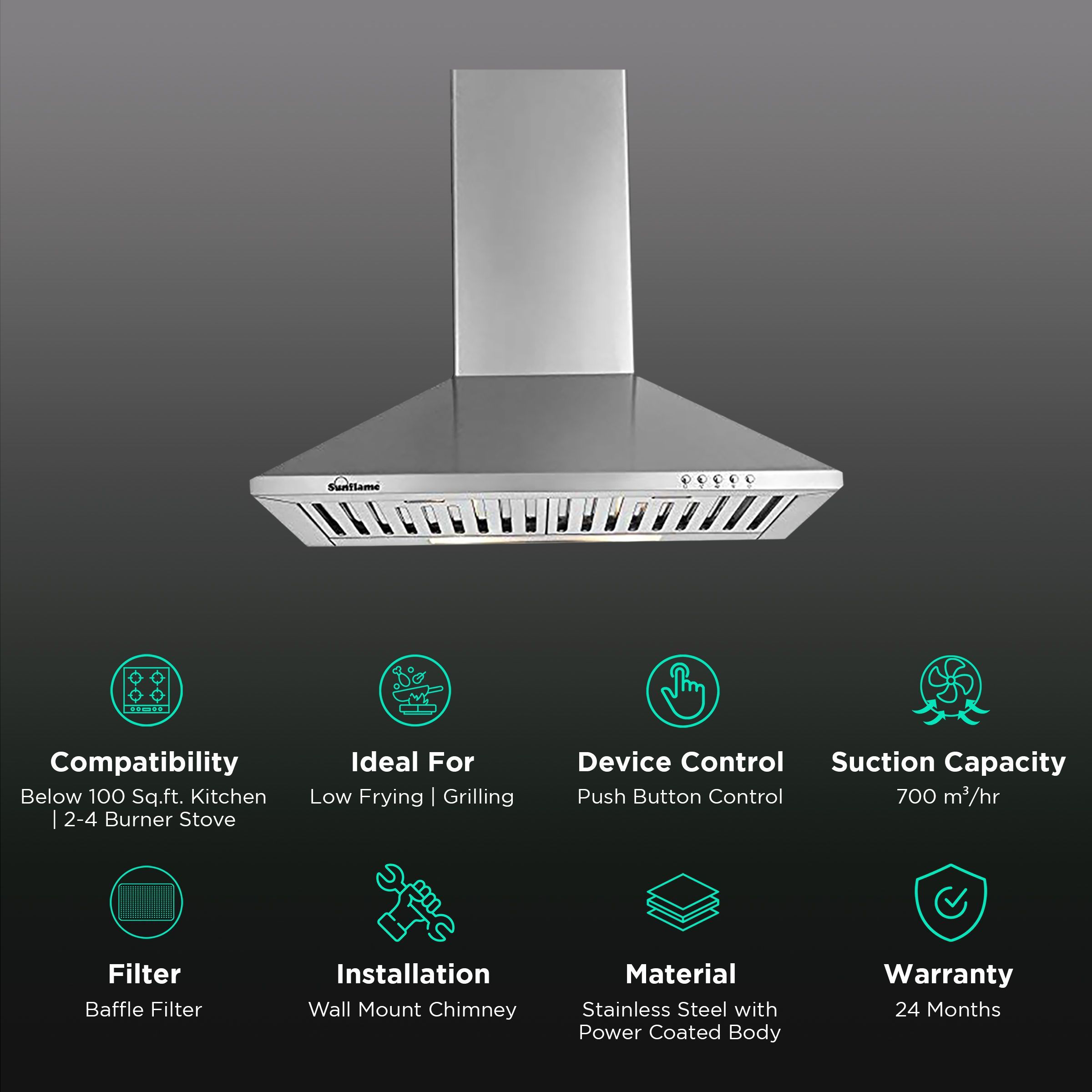 Sunflame Eva 60cm 700m3/hr Ductless Wall Mounted Chimney with Push Button Control (Silver)_3