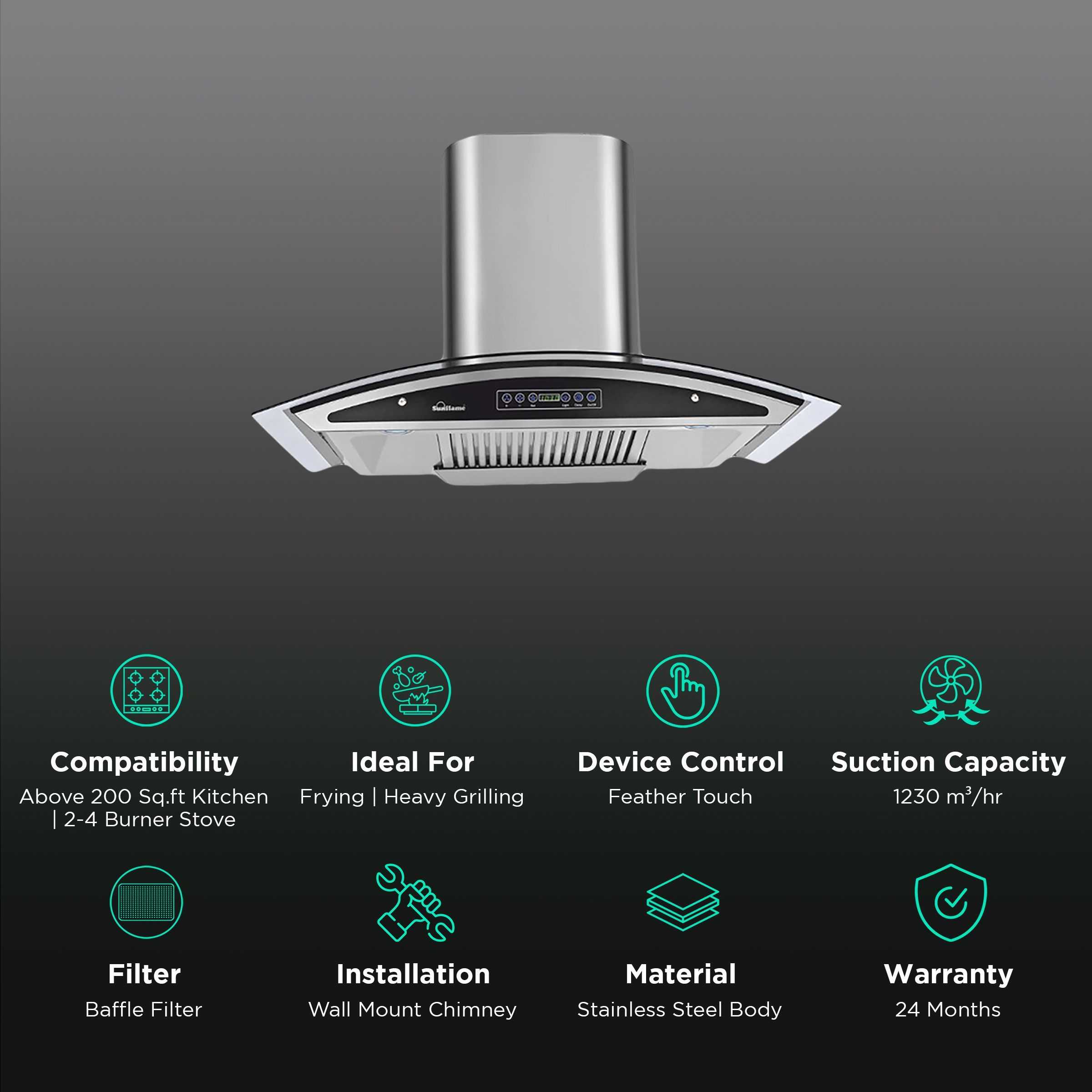 Sunflame Innova 60cm 1230m3/hr Ducted Auto Clean Wall Mounted Chimney with Feather Touch Controls (Black)_3