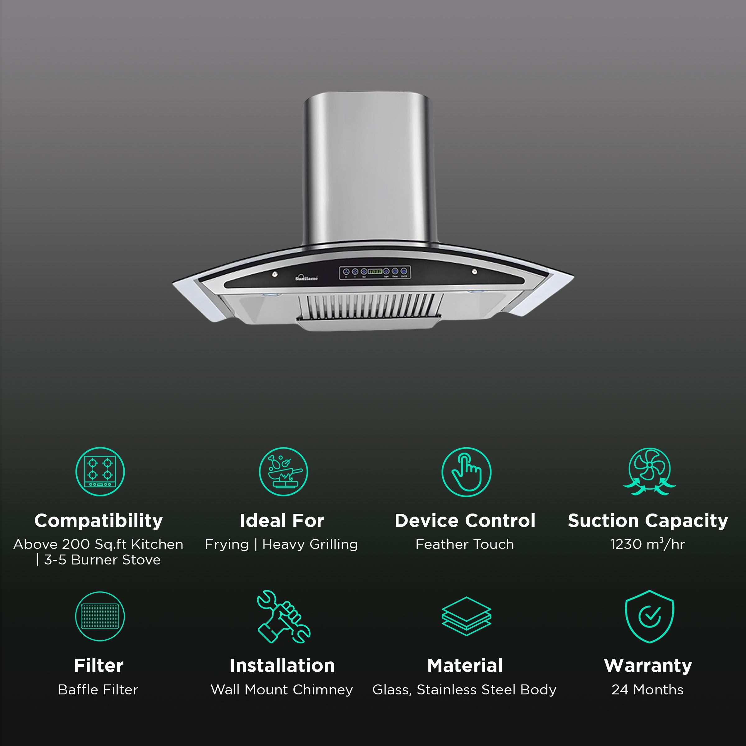 Sunflame Innova 90cm 1230m3/hr Ducted Auto Clean Wall Mounted Chimney with Feather Touch Controls (Black)_3