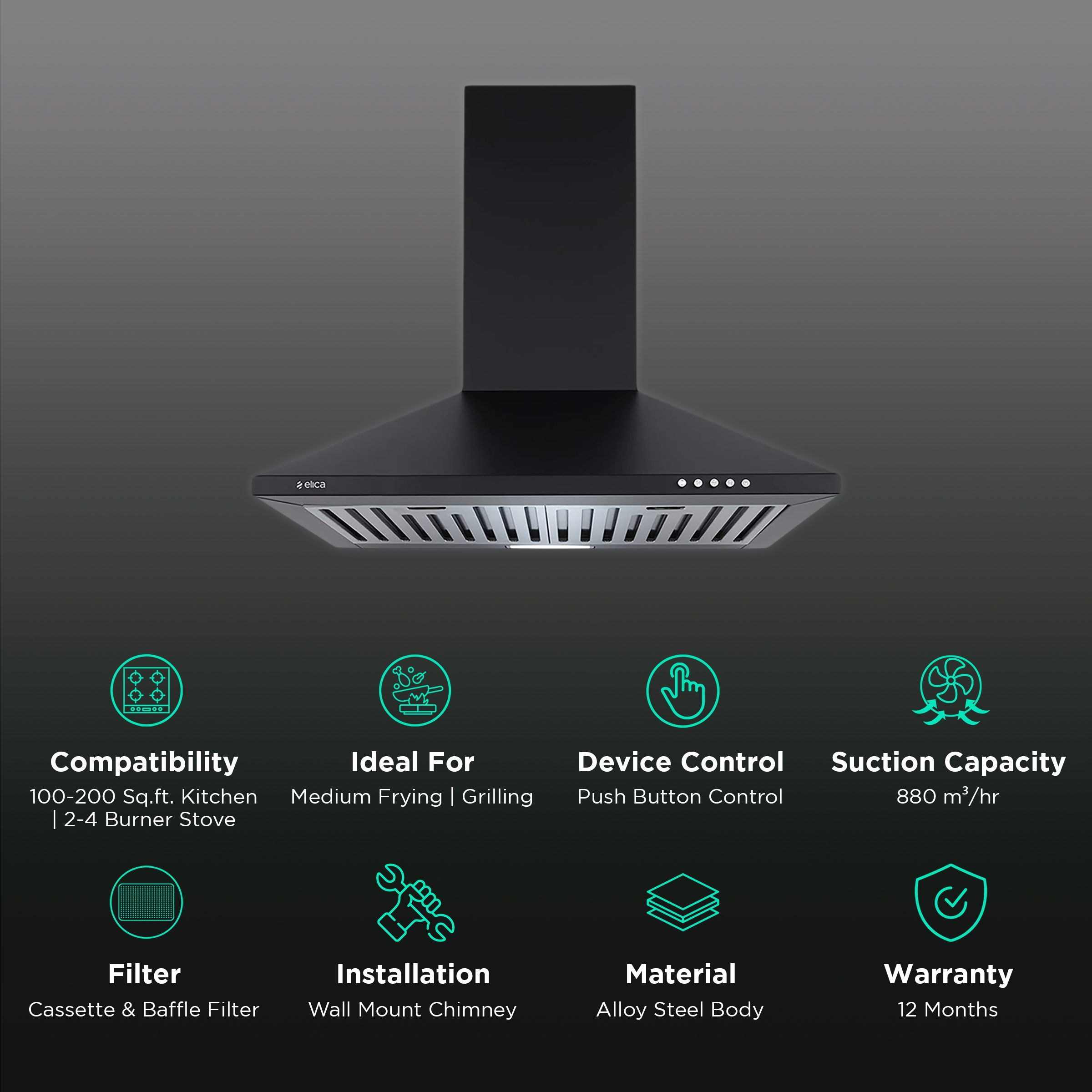 elica STRIP BF 60 NERO 60cm 880m3/hr Ducted Wall Mounted Chimney with Push Button Control (Black) elica STRIP BF 60 NERO 60cm 880m3/hr Ducted Wall Mounted Chimney with Push Button Control (Black)_3