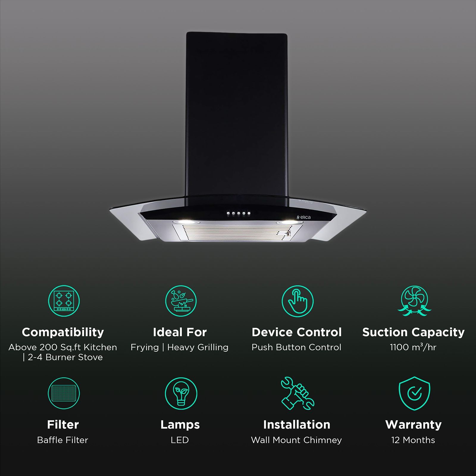 elica ESCG BF 60 NERO 60cm 1100m3/hr Ducted Wall Mounted Chimney with Push Button Control (Black)_3