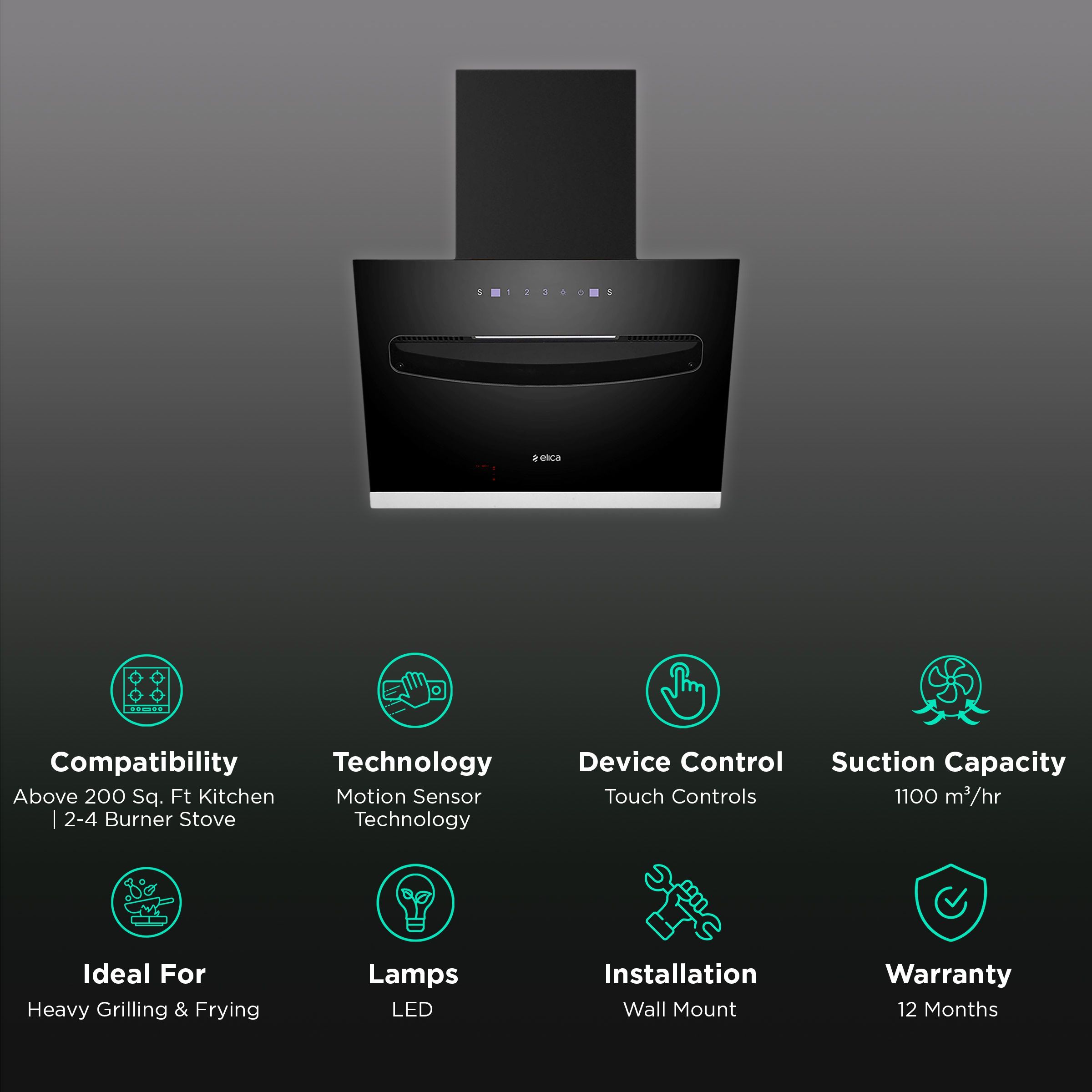 elica EFL S 607 VMS 60cm 1200m3/hr Ducted Auto Clean Wall Mounted Chimney with Touch Control Panel (Black)_3