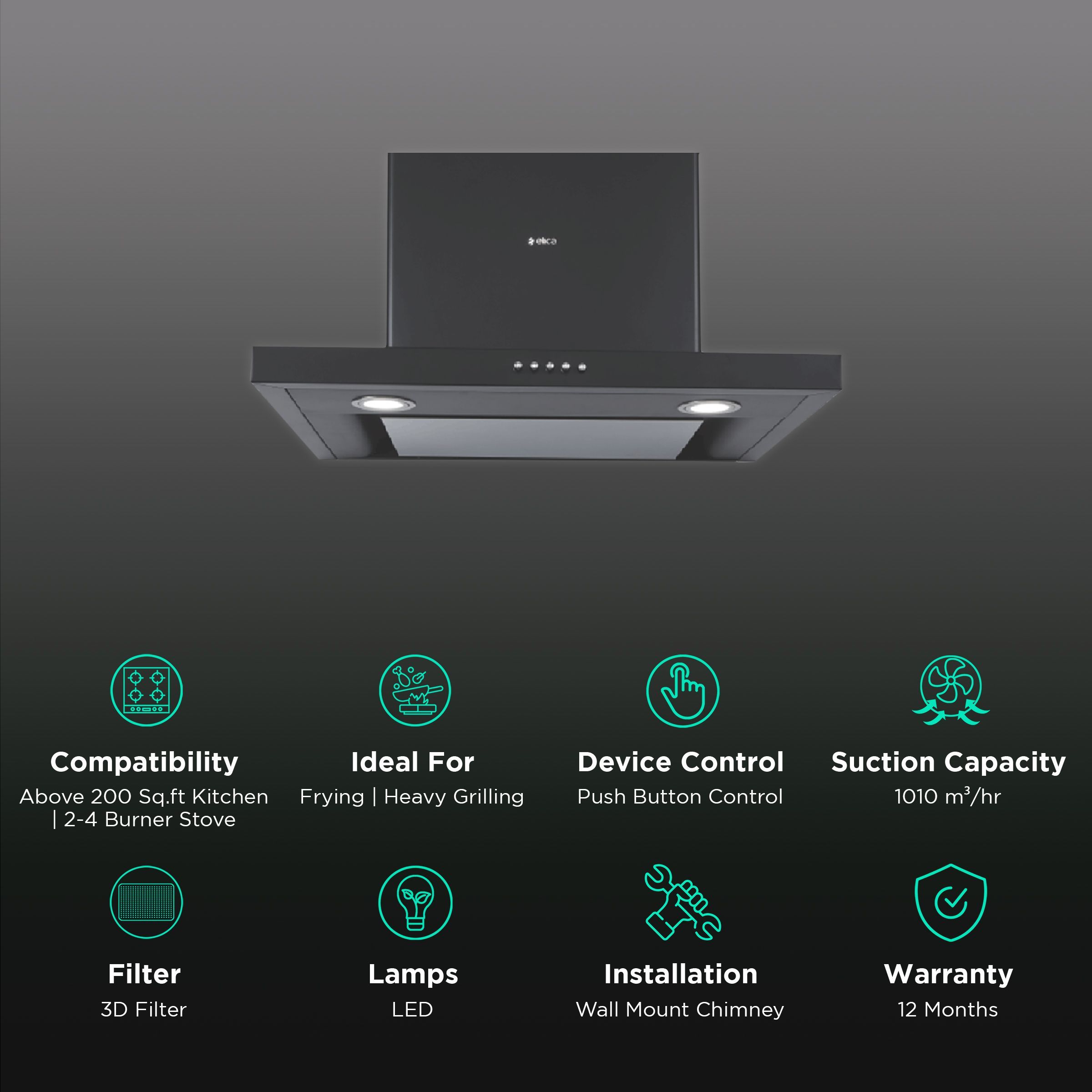 elica SPOT H4 EDS HE LTW 60 NERO PB 60cm 1010m3/hr Ducted Wall Mounted Chimney with Push Button Control (Black)_3