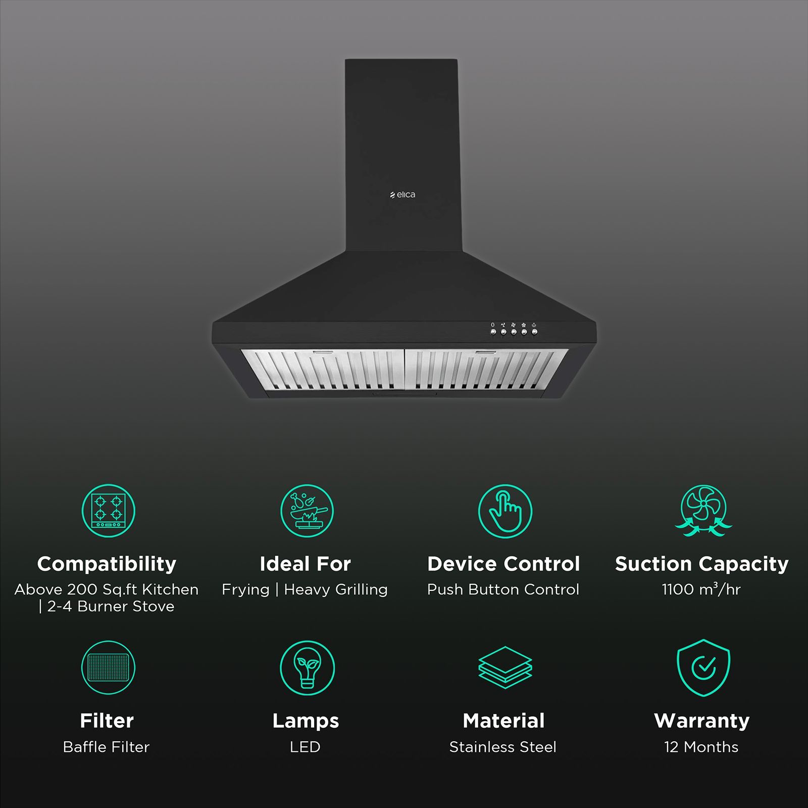 elica AH 260 BF NERO 60cm 1100m3/hr Ducted Wall Mounted Chimney with Push Button Control (Black)_3
