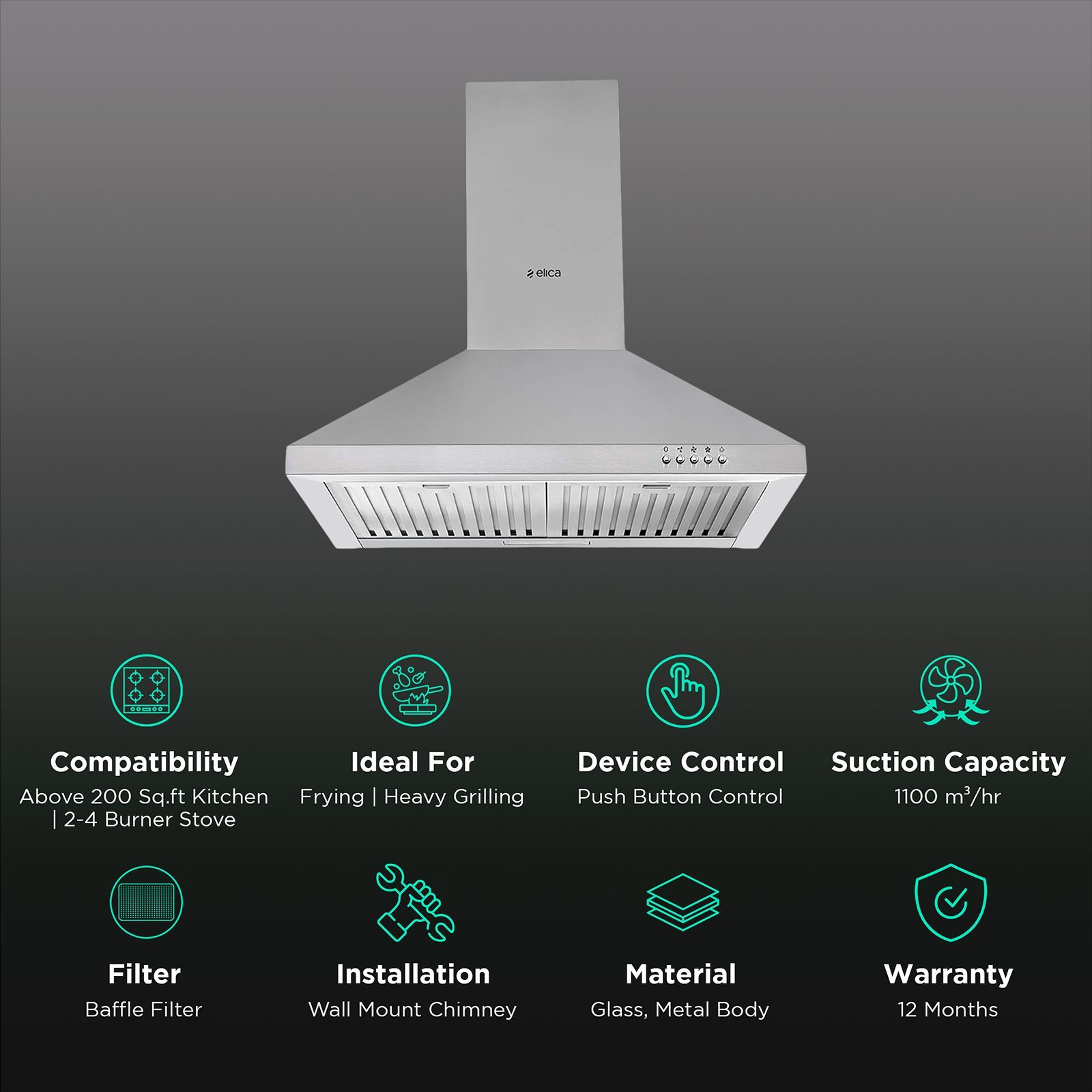 elica AH 260 BF SS 60cm 1100m3/hr Ducted Wall Mounted Chimney with Push Button Control (Silver)_3