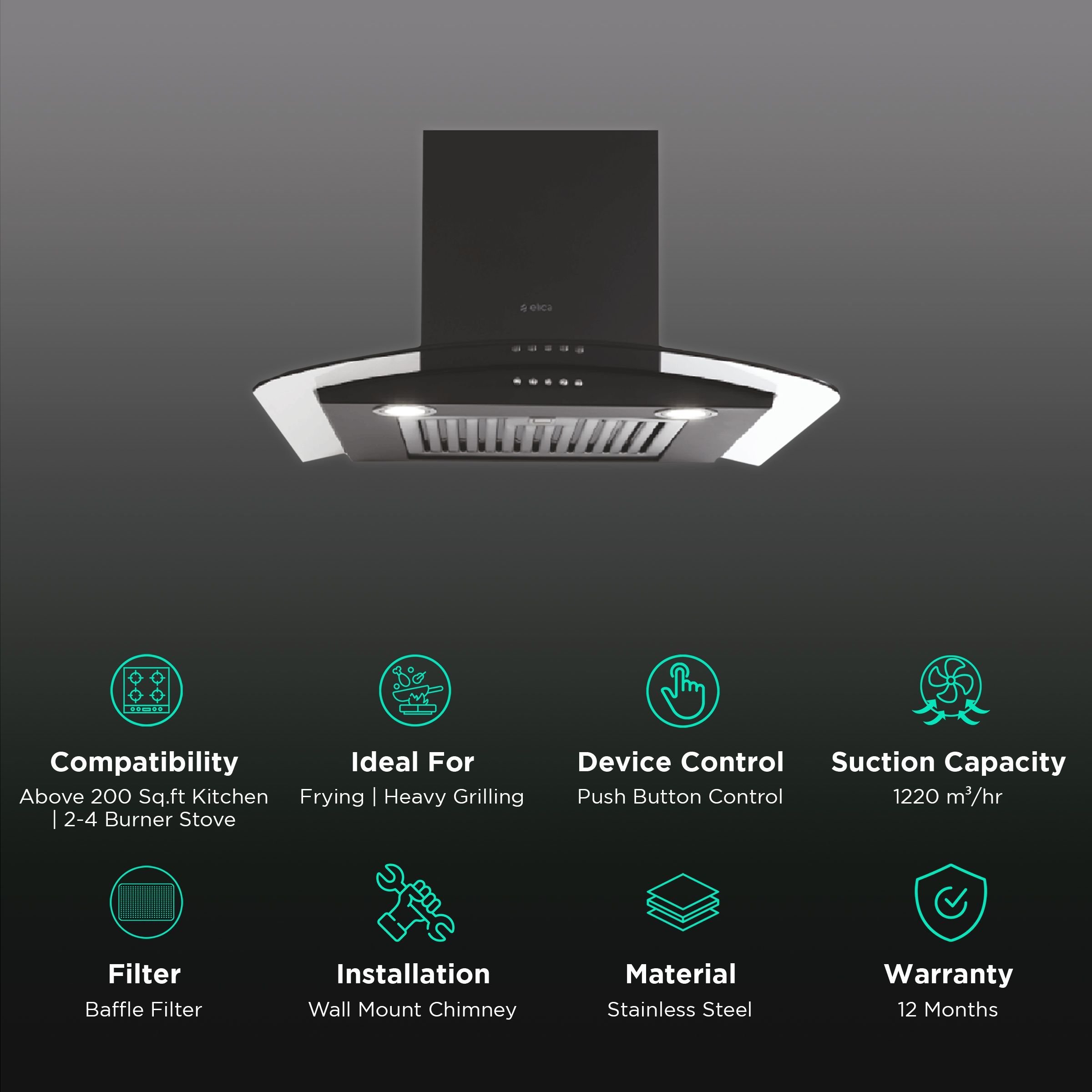 elica GLACE SF ETB PLUS LTW 60 NERO PB LED 60cm 1220m3/hr Ducted Wall Mounted Chimney with Push Button Control (Black)_3