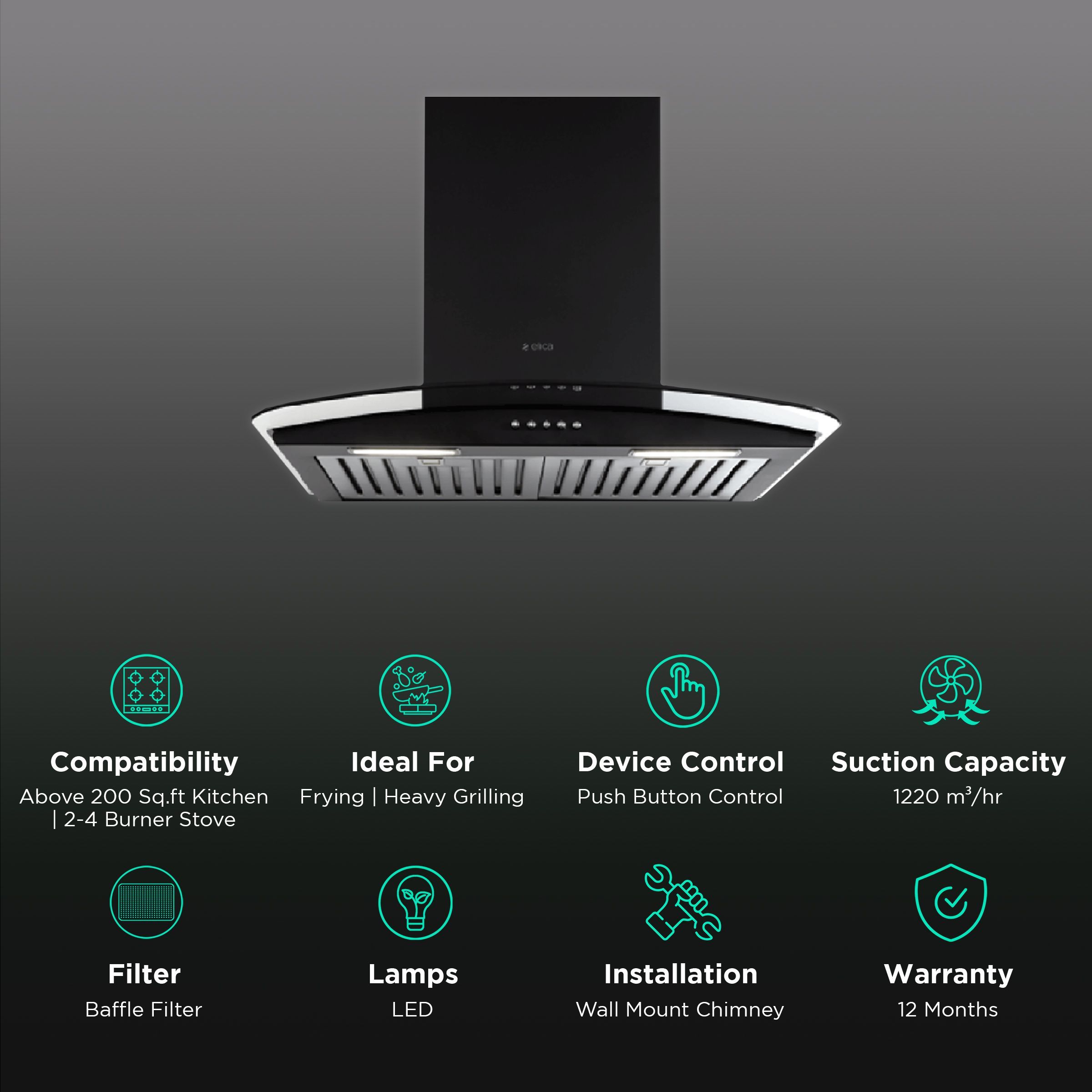 elica GLACE TF ETB PLUS LTW 60 NERO PB LED 60cm 1220m3/hr Ducted Wall Mounted Chimney with Push Button Control (Black)_3