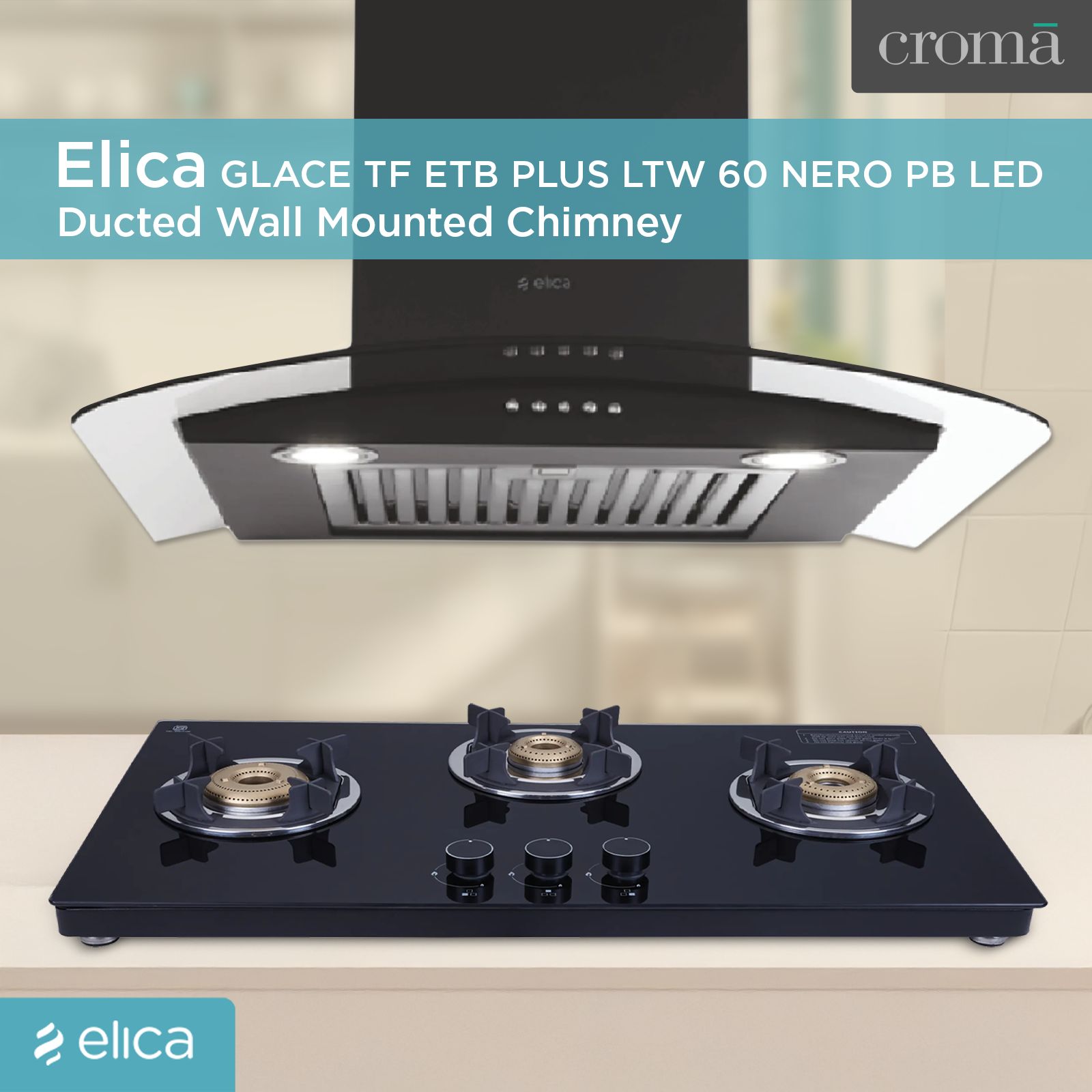 elica GLACE TF ETB PLUS LTW 60 NERO PB LED 60cm 1220m3/hr Ducted Wall Mounted Chimney with Push Button Control (Black)_4