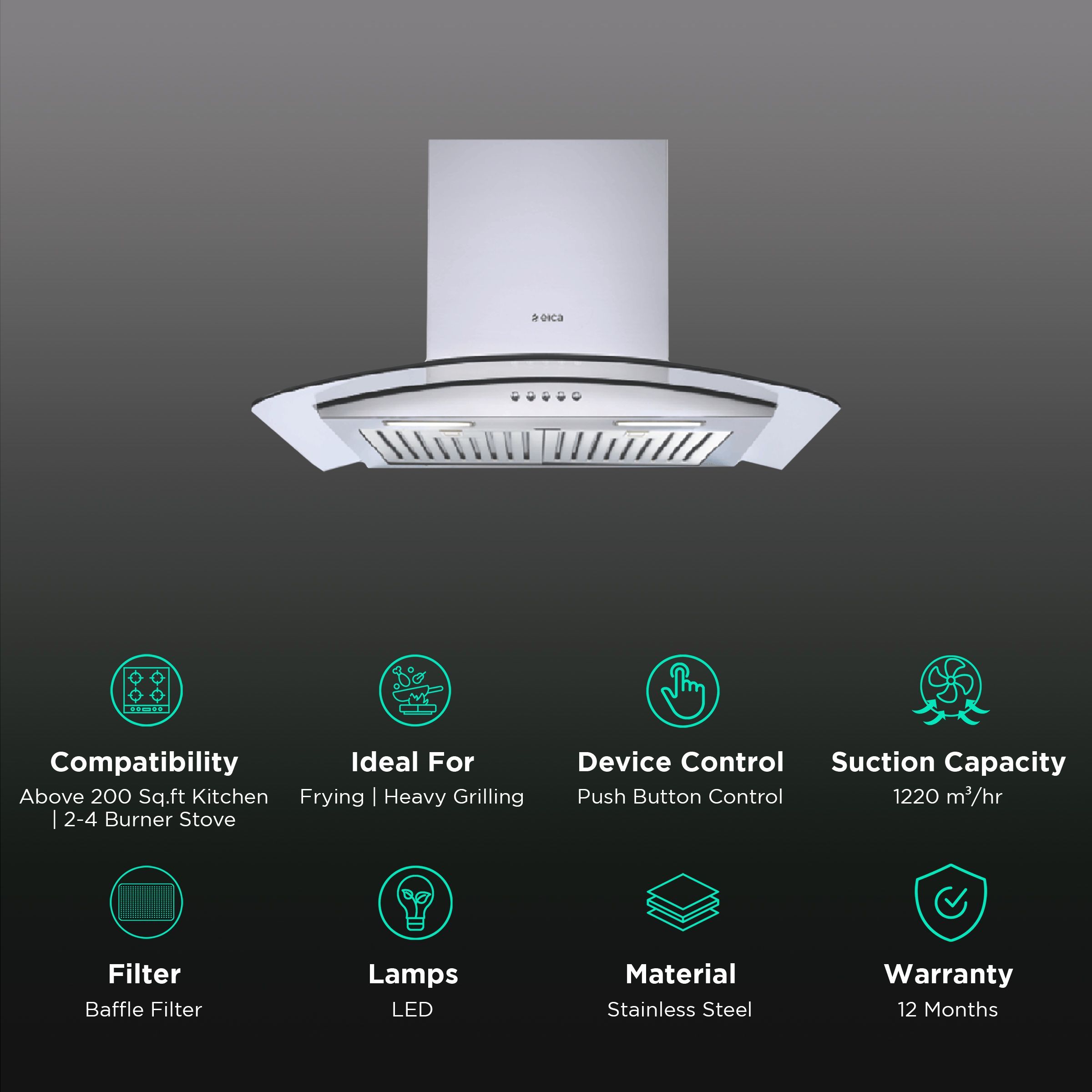 elica GLACE TF ETB Plus LTW 60 PB LED 60cm 1220m3/hr Ducted Wall Mounted Chimney with Push Button Control (Silver) elica GLACE TF ETB Plus LTW 60 PB LED 60cm 1220m3/hr Ducted Wall Mounted Chimney with Push Button Control (Silver)_3