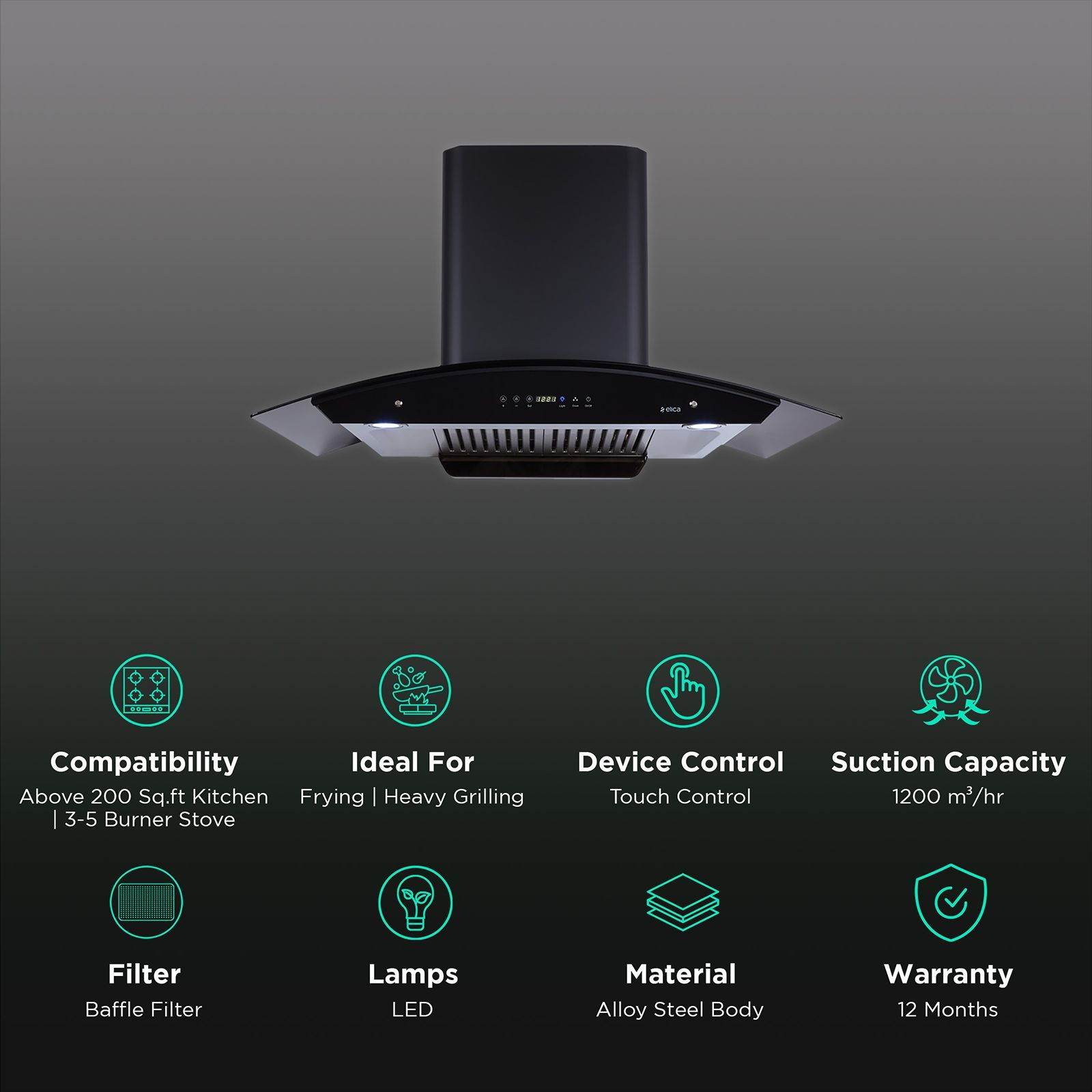 elica WD HAC TOUCH BF 90 NERO 90cm 1200m3/hr Ductless Auto Clean Wall Mounted Chimney with Motion Sensing Technology (Silver)_3