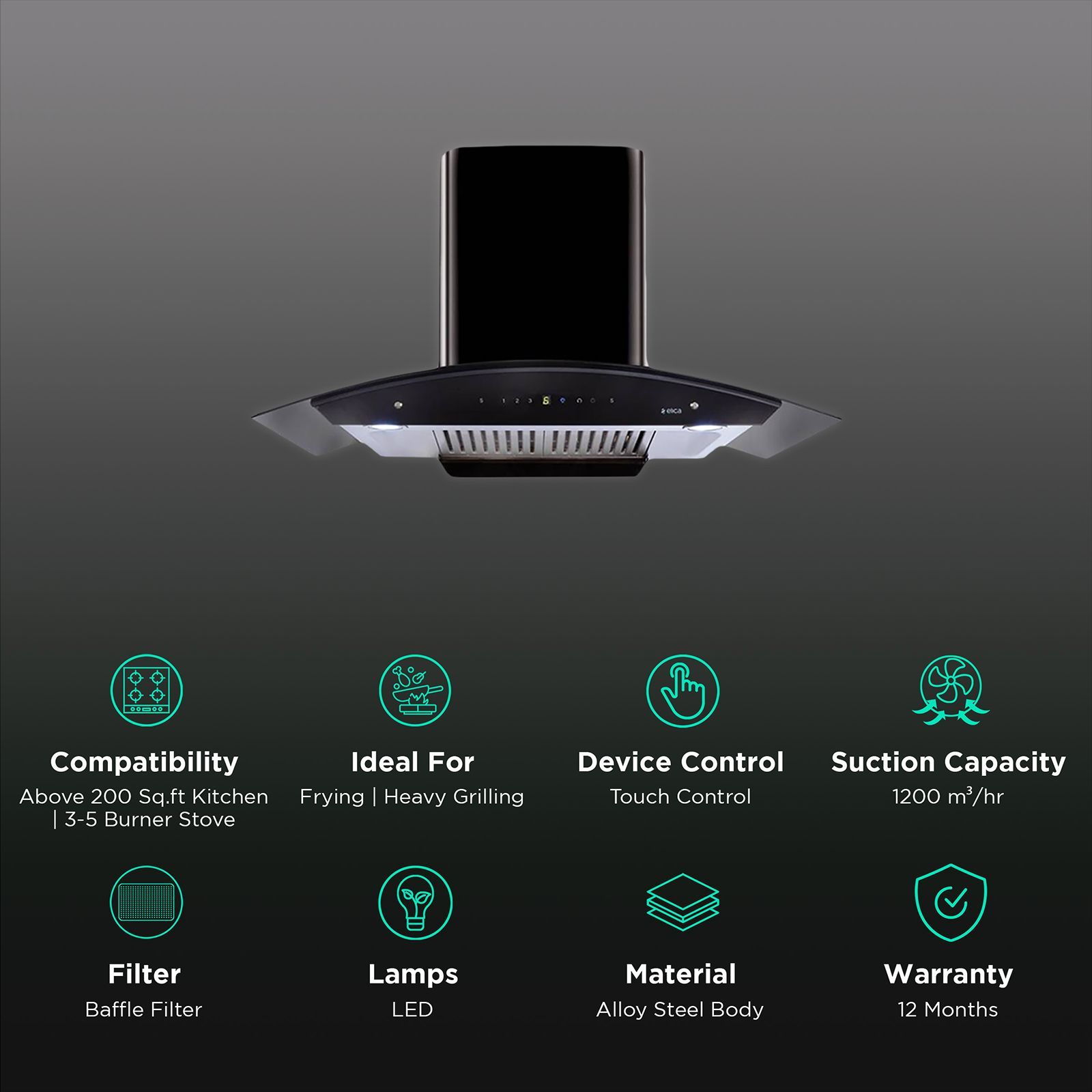 elica WD HAC TOUCH BF 90 MS NERO 90cm 1200m3/hr Ductless Auto Clean Wall Mounted Chimney with Motion Sensing Technology (Grey)_3