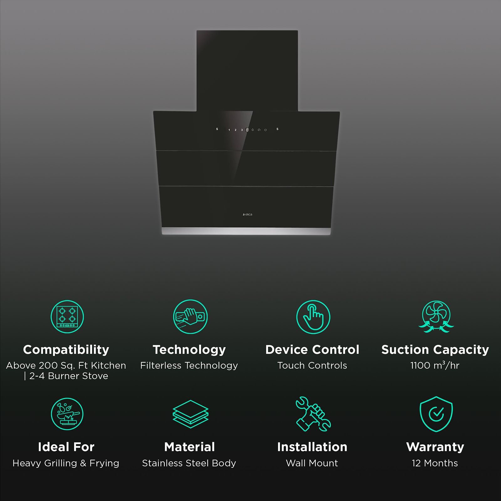 elica EFL S 601 HAC VMS 60cm 1100m3/hr Ducted Auto Clean Wall Mounted Chimney with Touch Control Panel (Black)_3