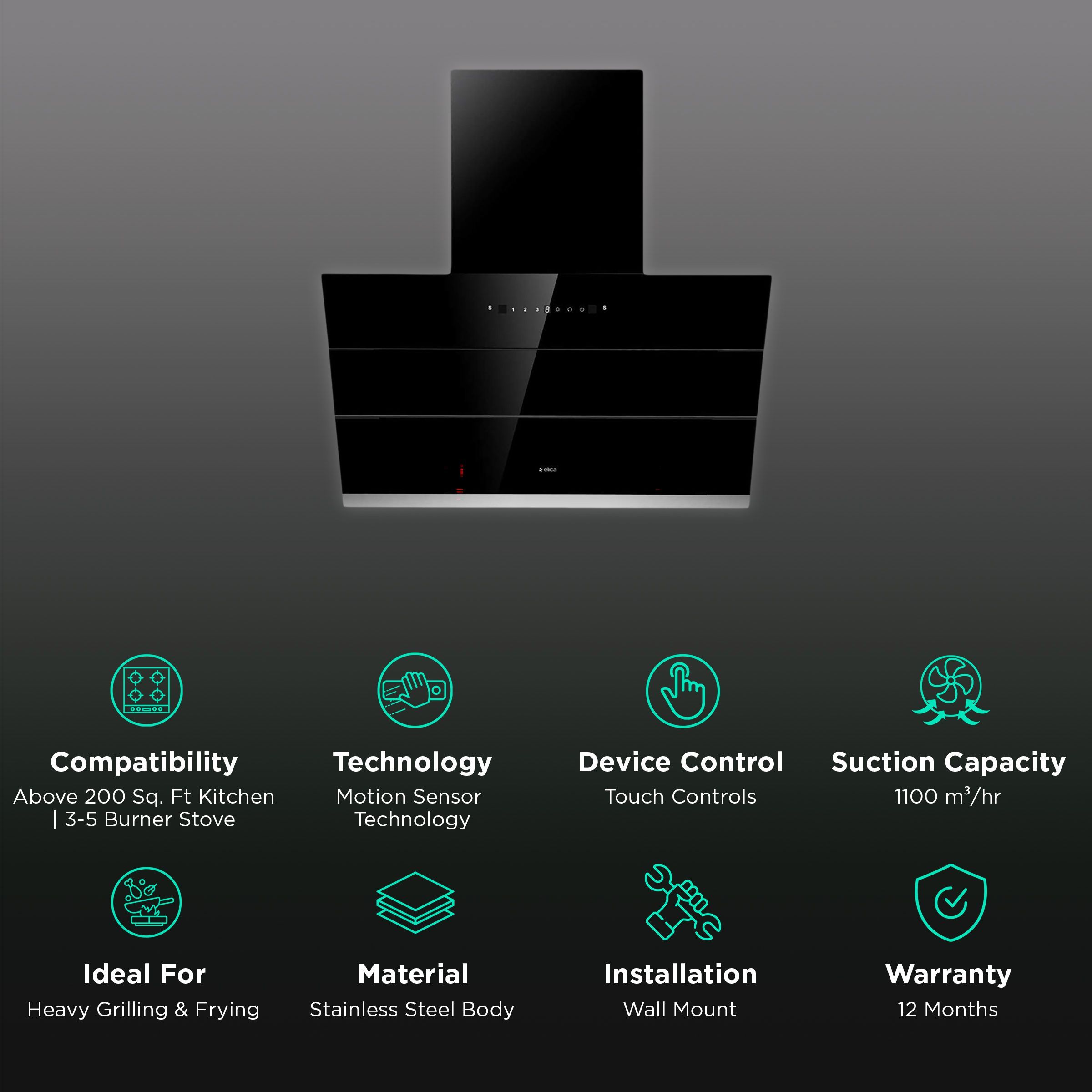 elica EFL S 901 HAC VMS 90cm 1100m3/hr Ductless Auto Clean Wall Mounted Chimney with Motion Sensing Technology (Black)_3