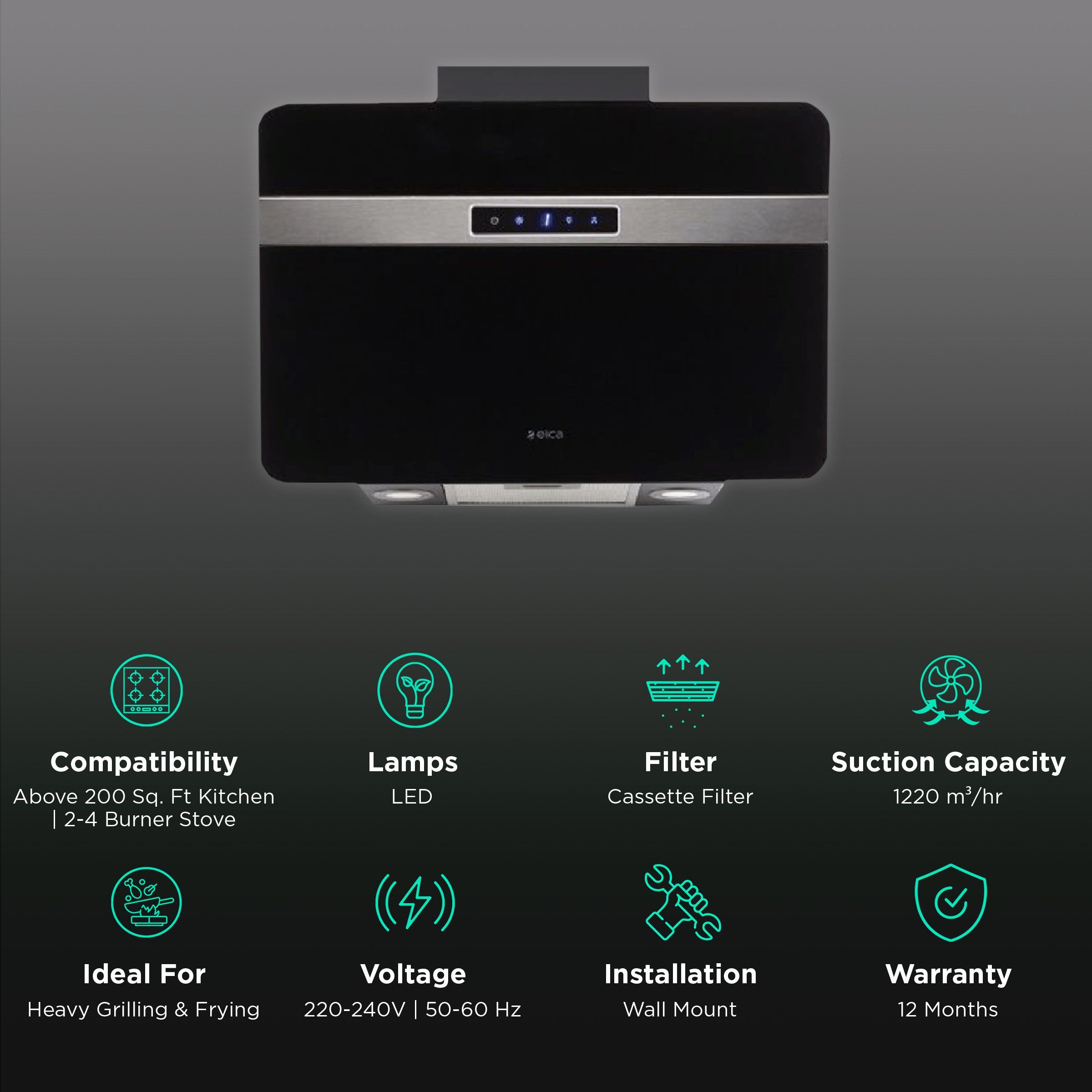 elica KITTY PLUS ETB HE LTW 60 BK TC4V 60cm 1220m3/hr Ducted Wall Mounted Chimney with LED Lighting (Black)_3